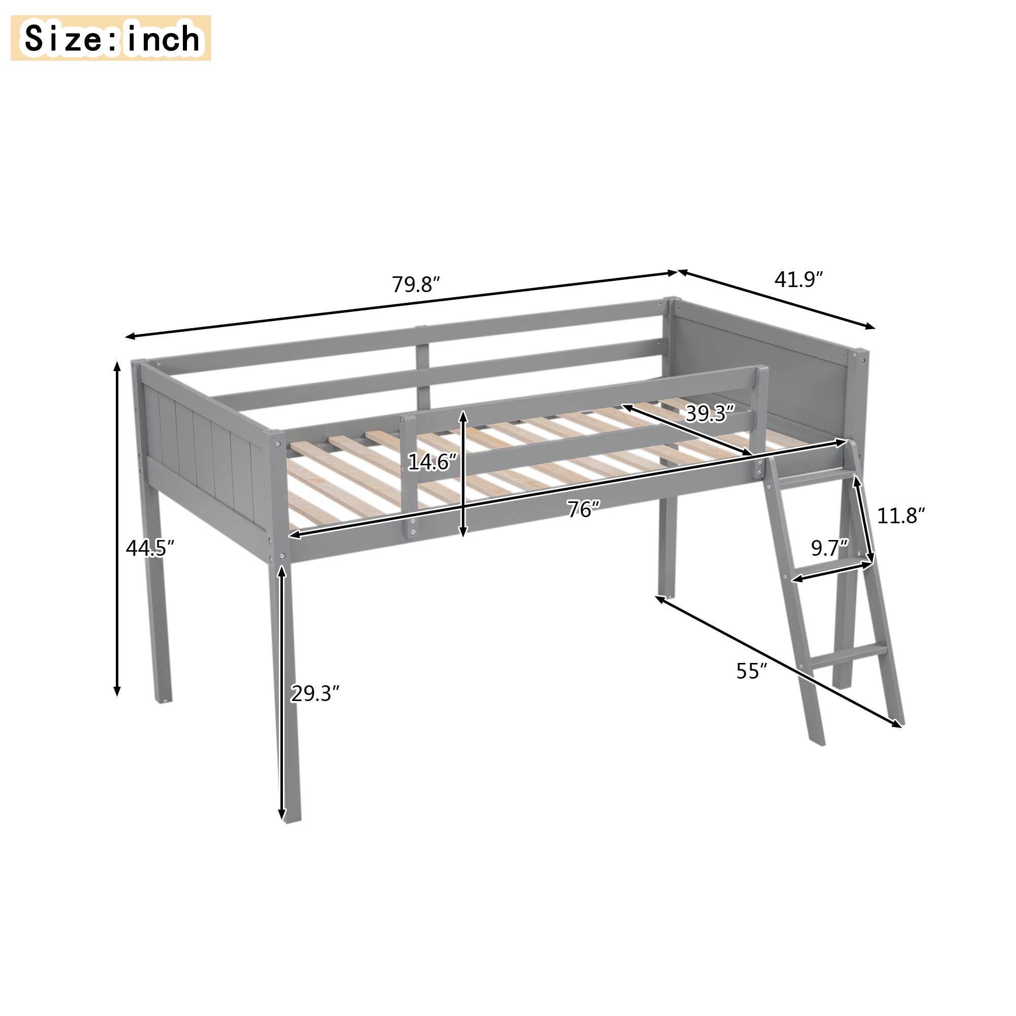 Royard Oaktree Low Loft Bed with Convertible Ladder, Wood Loft Bed Frame with Safety Guardrails, Modern Loft Bed with Slats for Kids Teens Adults, No Box Spring Needed