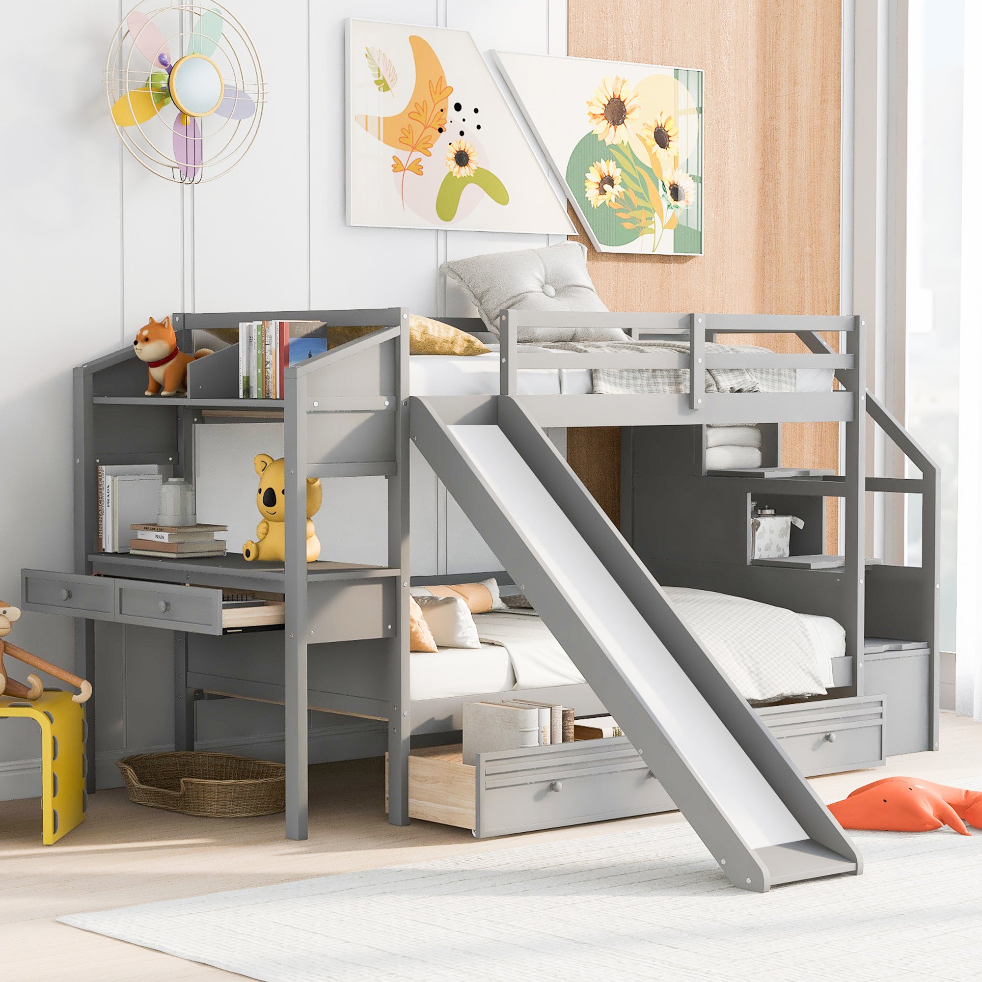 Royard Oaktree Twin over Twin Bunk Bed with Desk and Drawers, Multi-functional Bed Frame with Storage Staircase and Book Shelves, Wood Bunk Bed Frame with Slide and Guardrails for Kids Teens