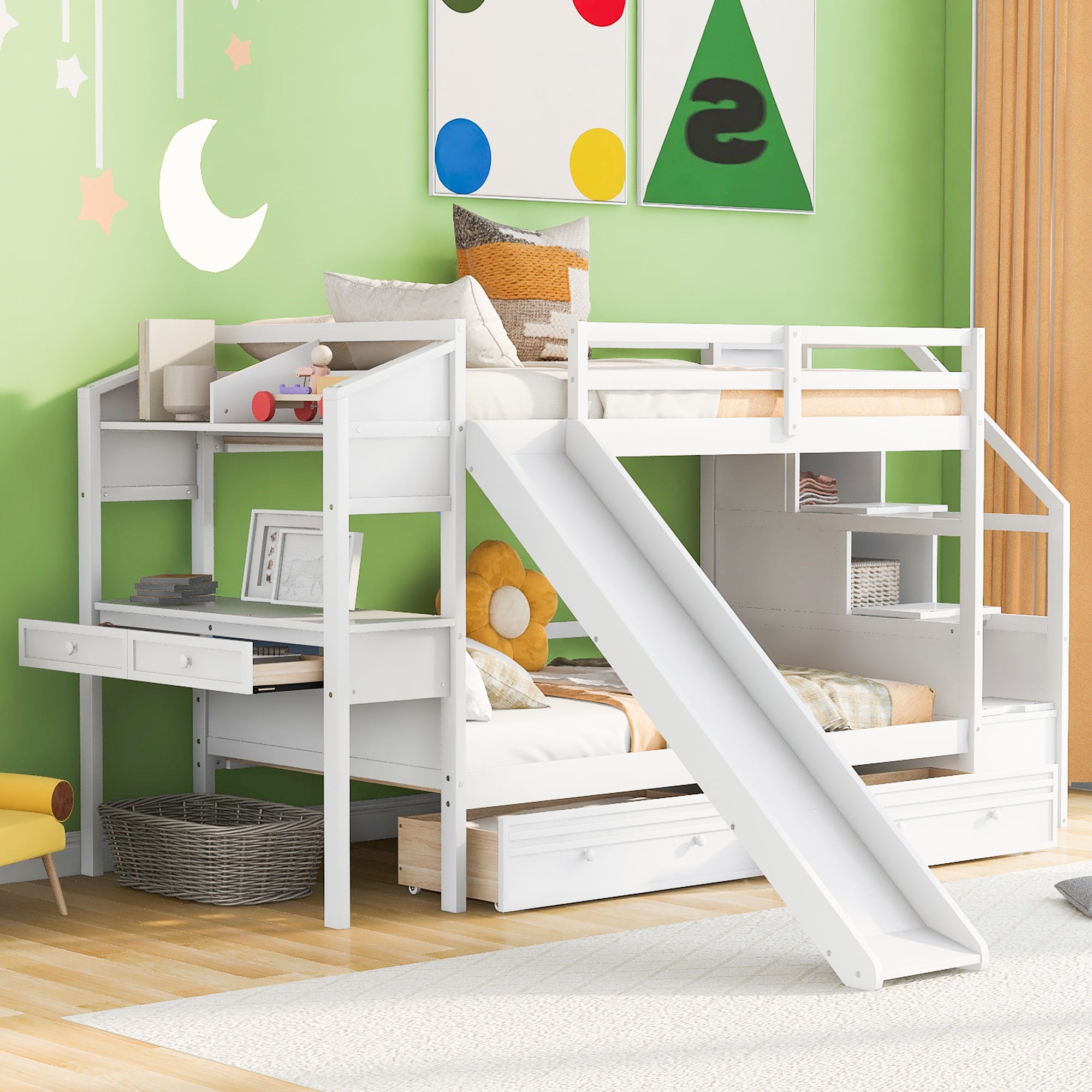 Royard Oaktree Twin over Twin Bunk Bed with Desk and Drawers, Multi-functional Bed Frame with Storage Staircase and Book Shelves, Wood Bunk Bed Frame with Slide and Guardrails for Kids Teens