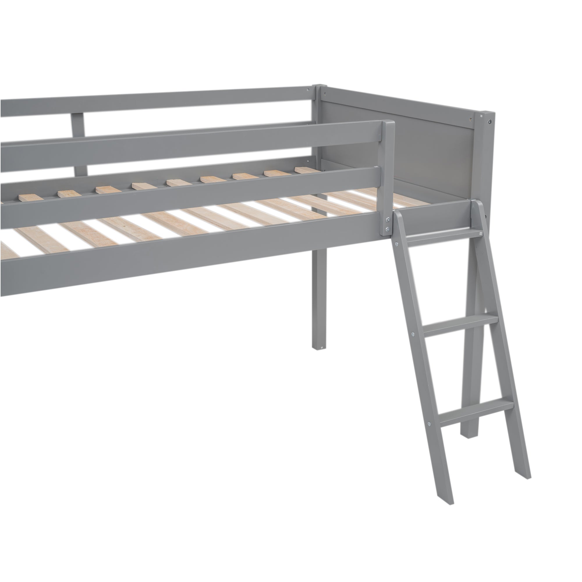 Royard Oaktree Low Loft Bed with Convertible Ladder, Wood Loft Bed Frame with Safety Guardrails, Modern Loft Bed with Slats for Kids Teens Adults, No Box Spring Needed