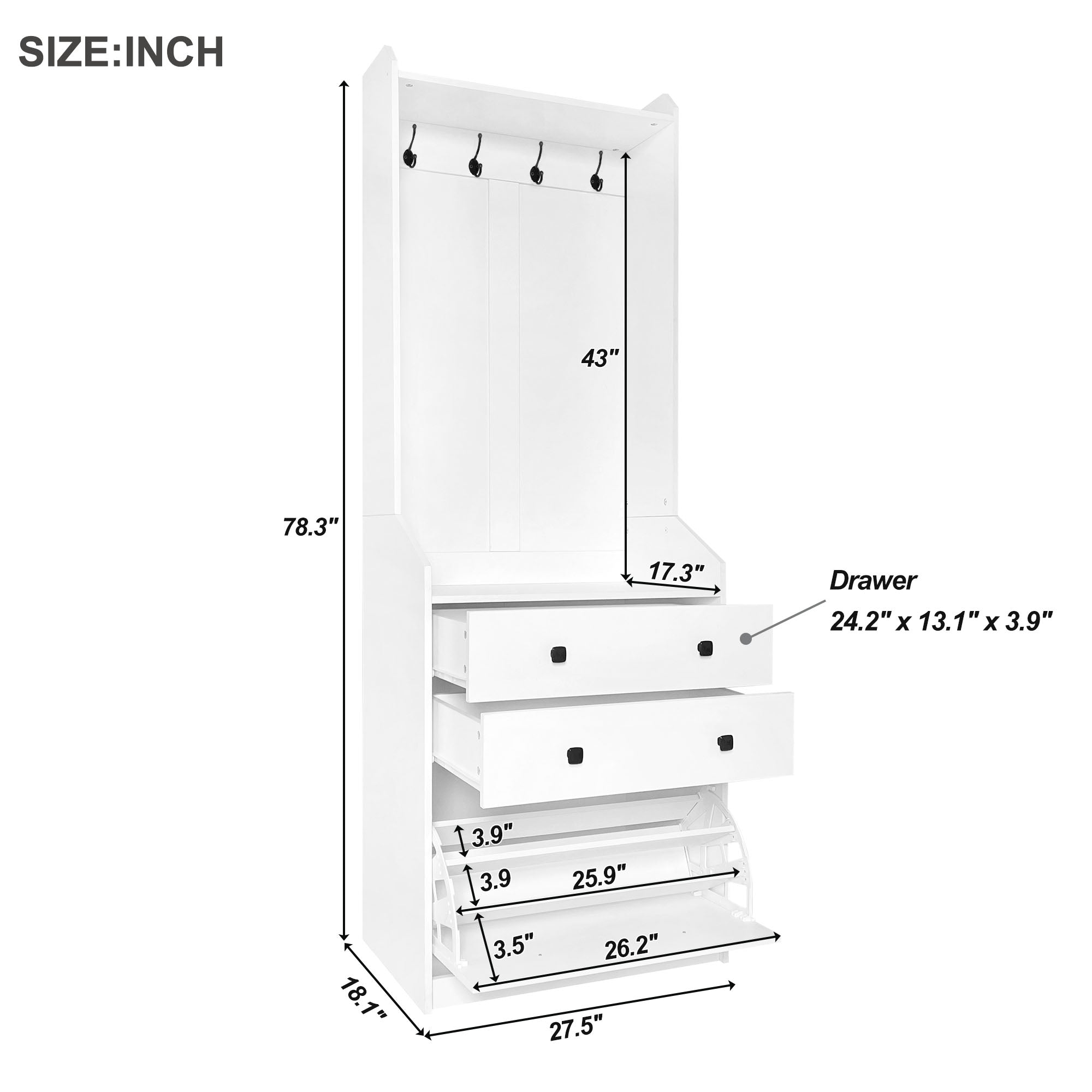 Royard Oaktree Narrow Hall Tree with Shoe Storage Cabinet, Multi-functional Hallway Coat Rack with 4 Hanging Hooks & 2 Drawers, Adjustable Shoe Cabinet with Flip Drawer for Entrance Mudroom