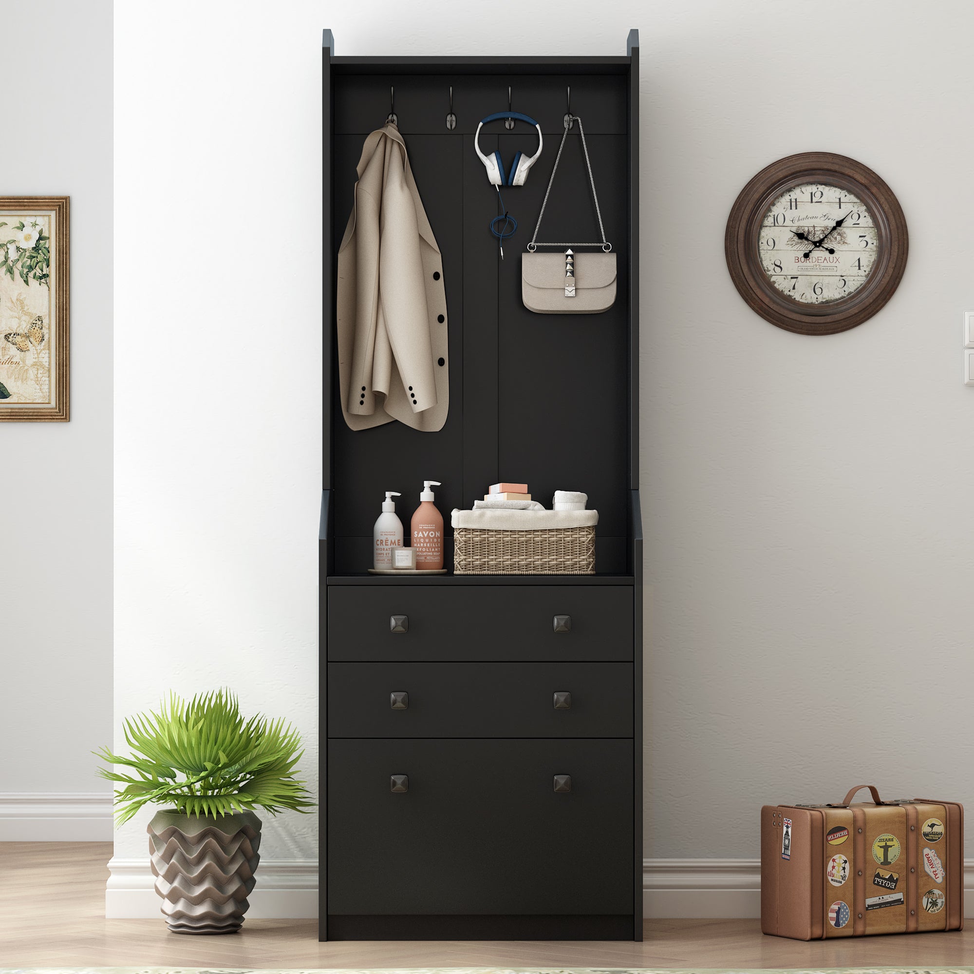 Royard Oaktree Narrow Hall Tree with Shoe Storage Cabinet, Multi-functional Hallway Coat Rack with 4 Hanging Hooks & 2 Drawers, Adjustable Shoe Cabinet with Flip Drawer for Entrance Mudroom