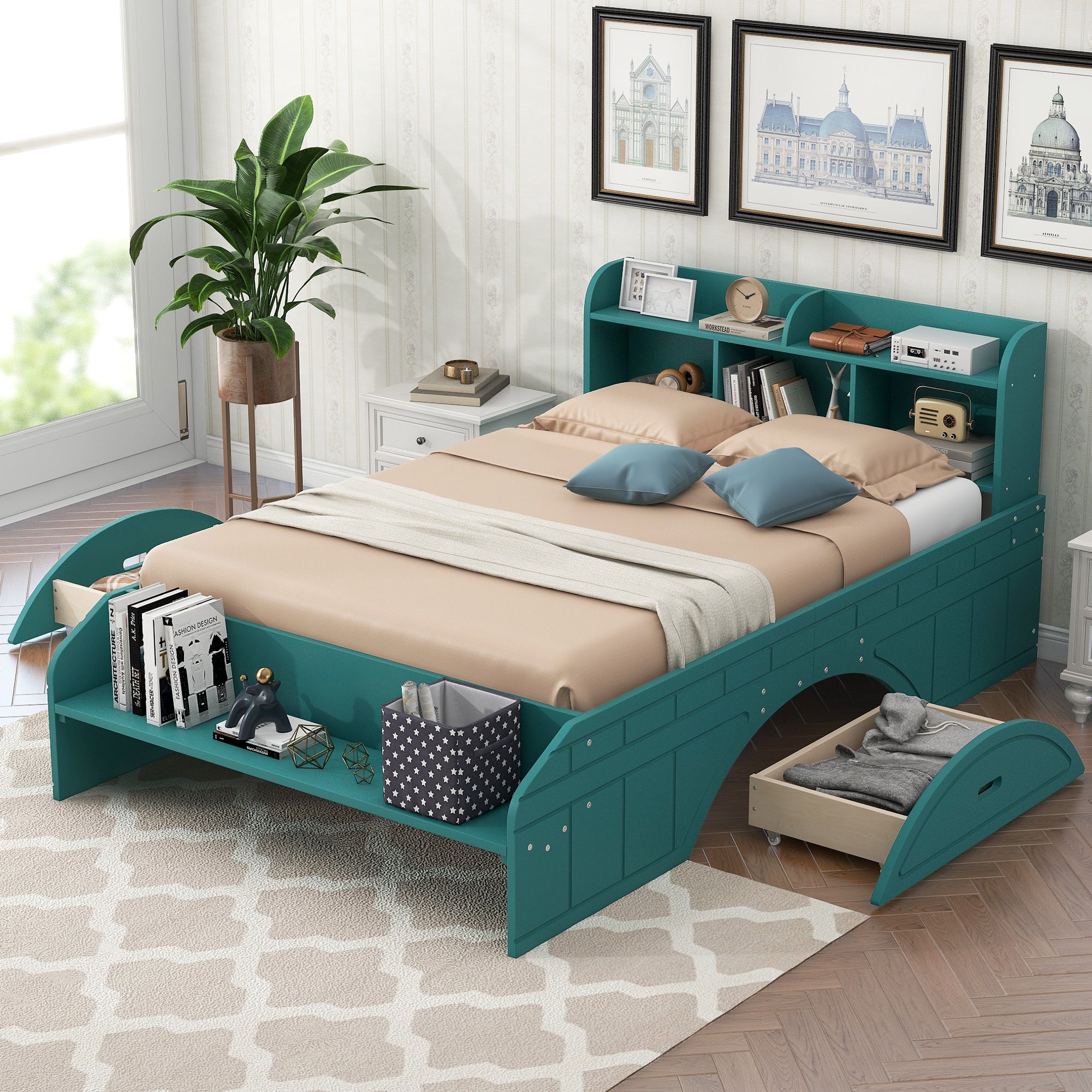 Royard Oaktree Platform Bed with 2 Drawers and Open Shelves, Multifunctional Bed Frame with Storage Headboard and Footboard Bench, Wood Storage Platform Bed with Slats Support