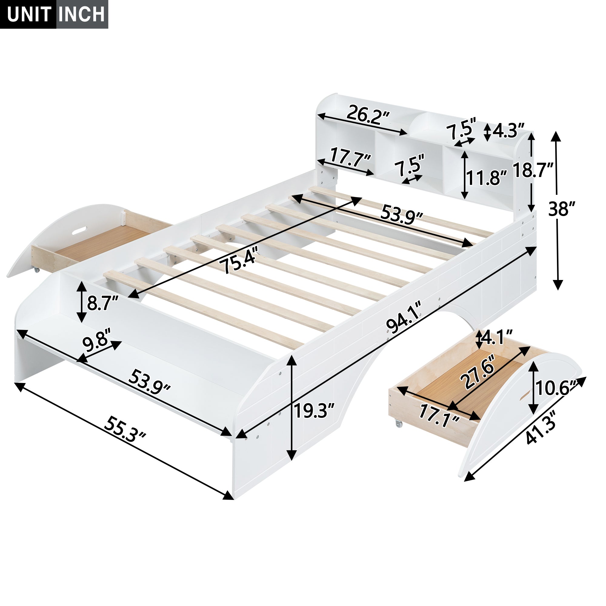 Royard Oaktree Platform Bed with 2 Drawers and Open Shelves, Multifunctional Bed Frame with Storage Headboard and Footboard Bench, Wood Storage Platform Bed with Slats Support