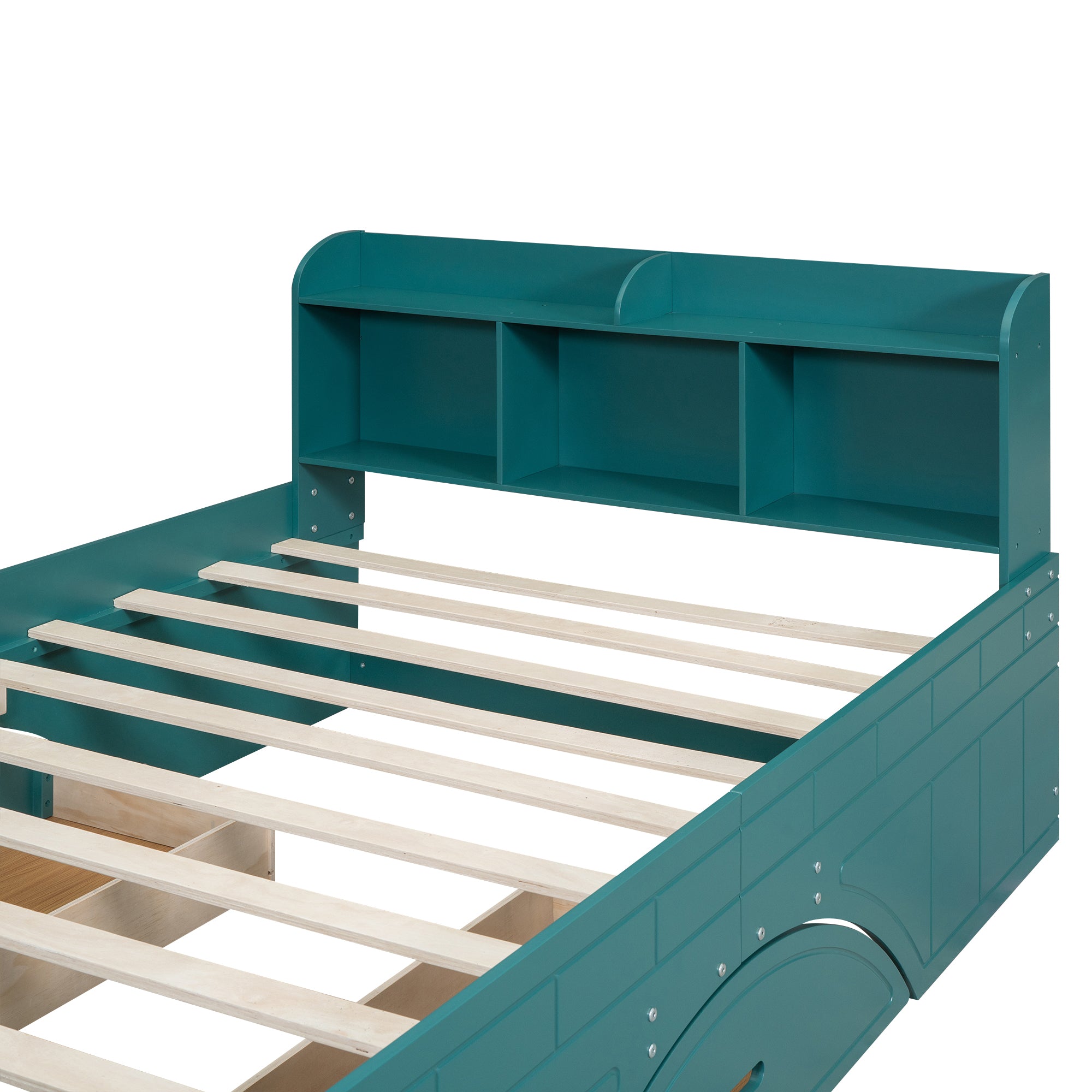 Royard Oaktree Platform Bed with 2 Drawers and Open Shelves, Multifunctional Bed Frame with Storage Headboard and Footboard Bench, Wood Storage Platform Bed with Slats Support