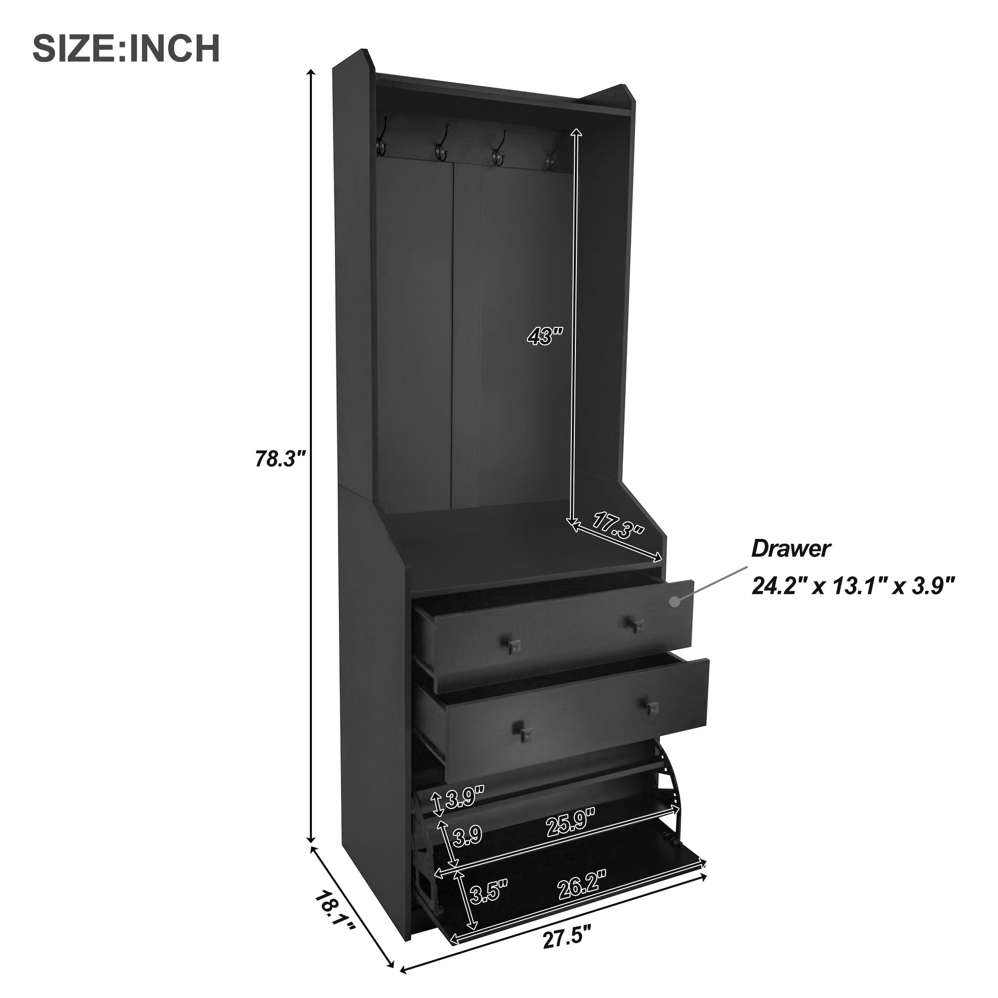 Royard Oaktree Narrow Hall Tree with Shoe Storage Cabinet, Multi-functional Hallway Coat Rack with 4 Hanging Hooks & 2 Drawers, Adjustable Shoe Cabinet with Flip Drawer for Entrance Mudroom