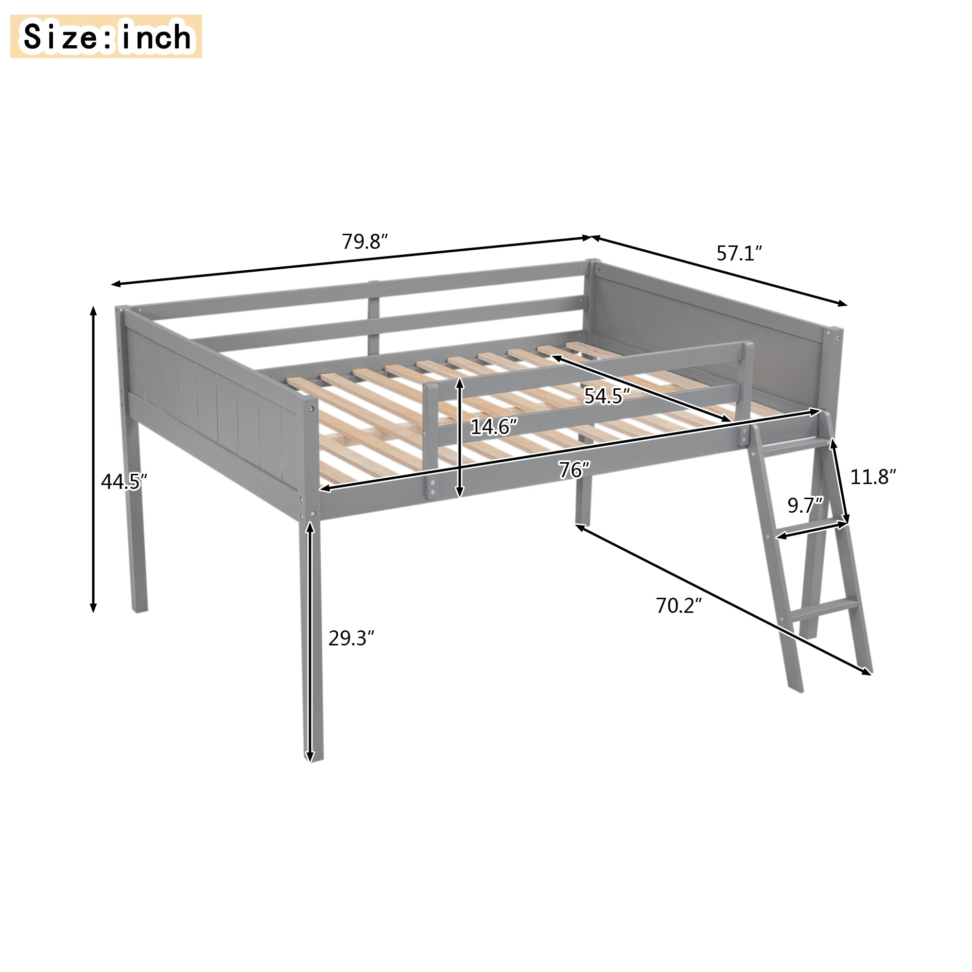 Royard Oaktree Low Loft Bed with Convertible Ladder, Wood Loft Bed Frame with Safety Guardrails, Modern Loft Bed with Slats for Kids Teens Adults, No Box Spring Needed