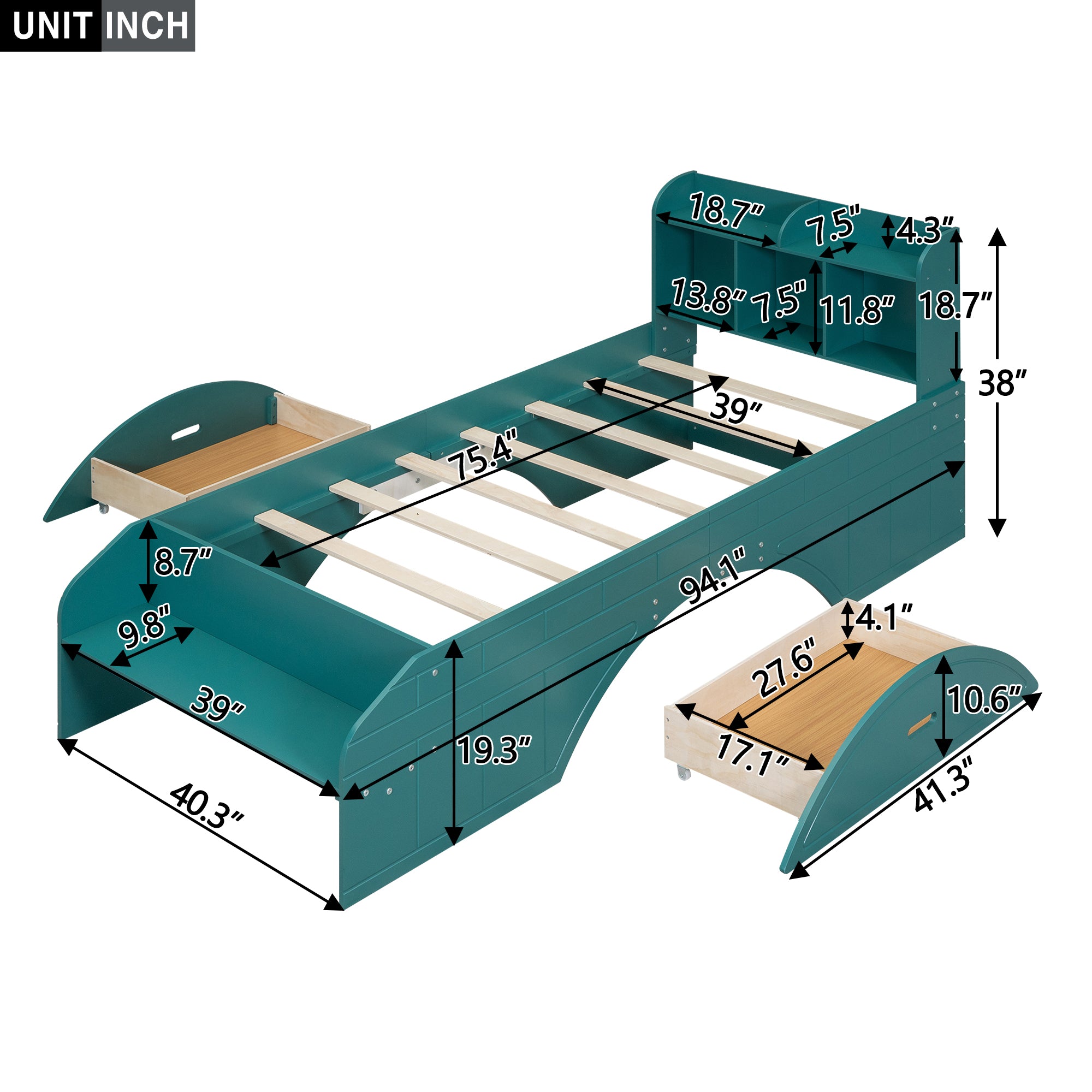 Royard Oaktree Platform Bed with 2 Drawers and Open Shelves, Multifunctional Bed Frame with Storage Headboard and Footboard Bench, Wood Storage Platform Bed with Slats Support