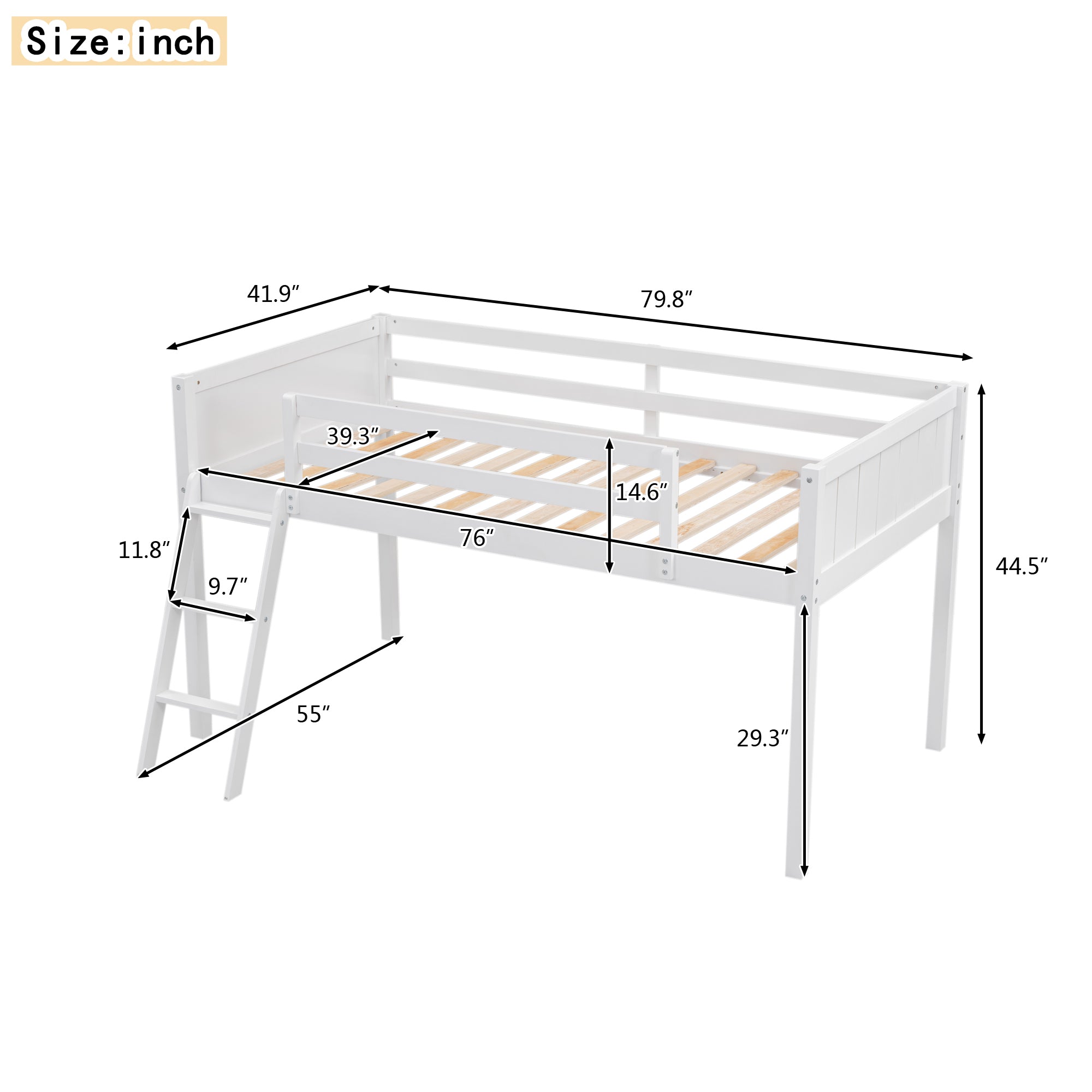 Royard Oaktree Low Loft Bed with Convertible Ladder, Wood Loft Bed Frame with Safety Guardrails, Modern Loft Bed with Slats for Kids Teens Adults, No Box Spring Needed