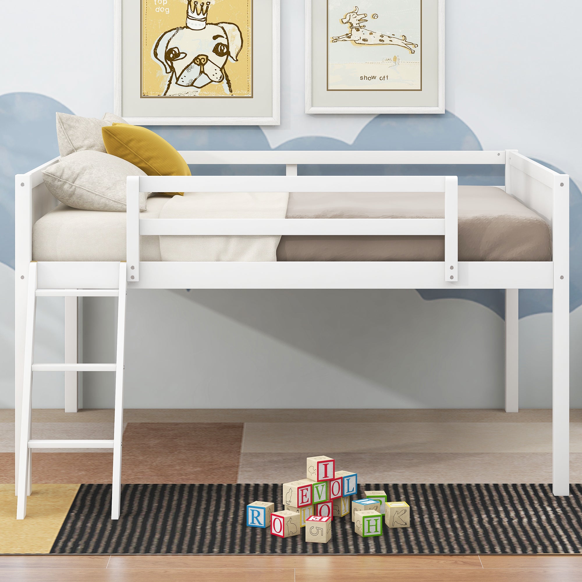 Royard Oaktree Low Loft Bed with Convertible Ladder, Wood Loft Bed Frame with Safety Guardrails, Modern Loft Bed with Slats for Kids Teens Adults, No Box Spring Needed