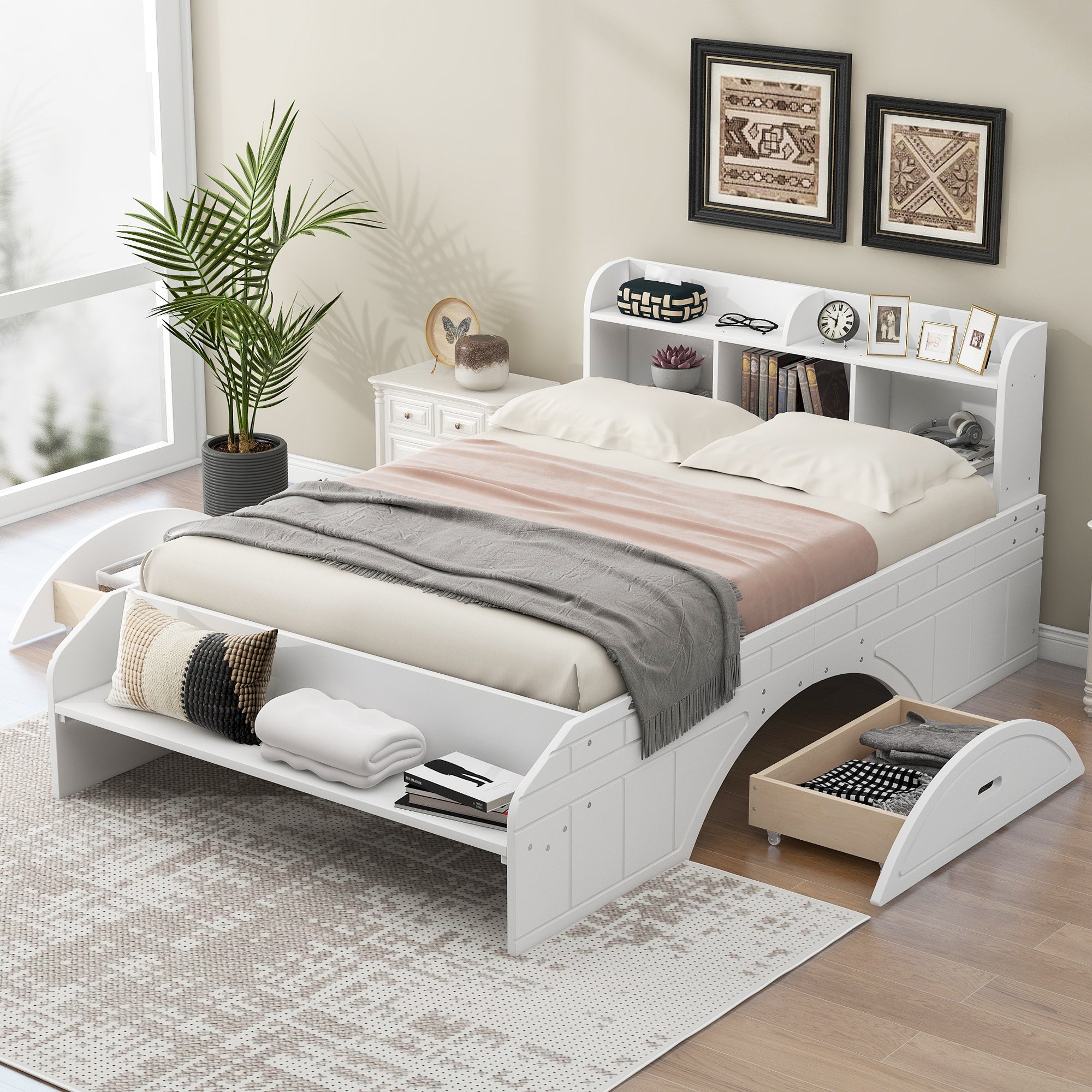 Royard Oaktree Platform Bed with 2 Drawers and Open Shelves, Multifunctional Bed Frame with Storage Headboard and Footboard Bench, Wood Storage Platform Bed with Slats Support