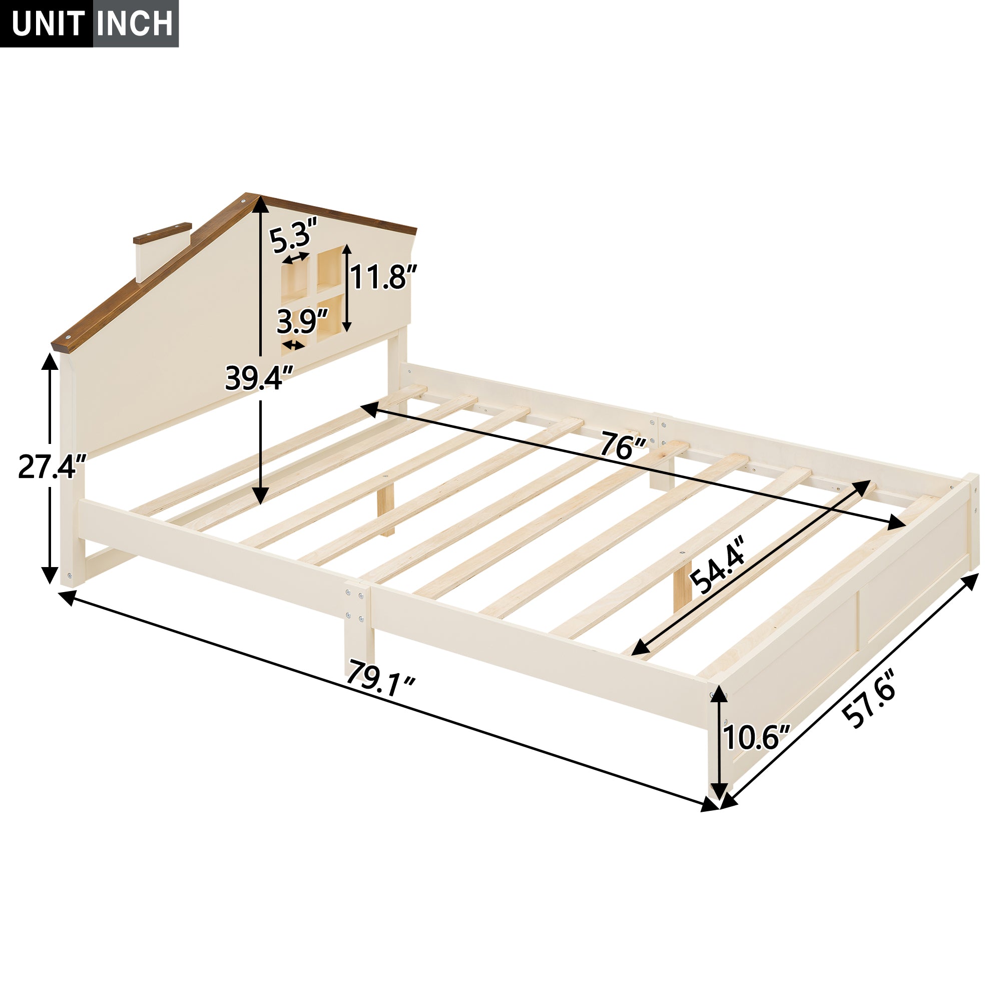 Royard Oaktree Platform Bed with LED Light, Wood Bed Frame with House-shaped Headboard and Window, Modern Platform Bed with Slats Support