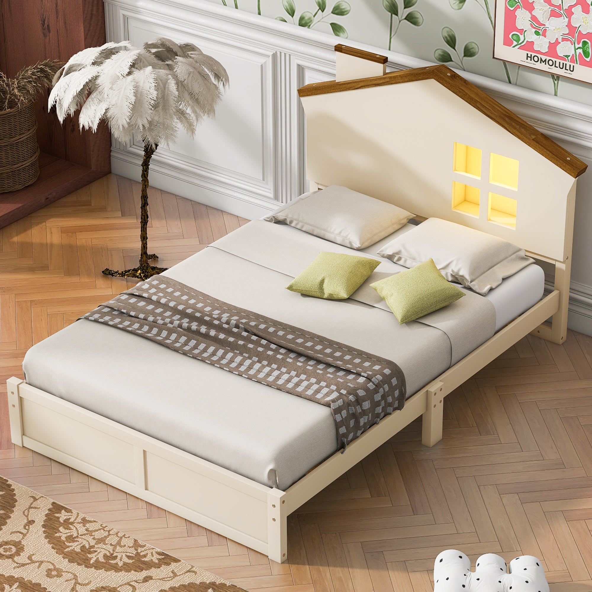 Royard Oaktree Platform Bed with LED Light, Wood Bed Frame with House-shaped Headboard and Window, Modern Platform Bed with Slats Support