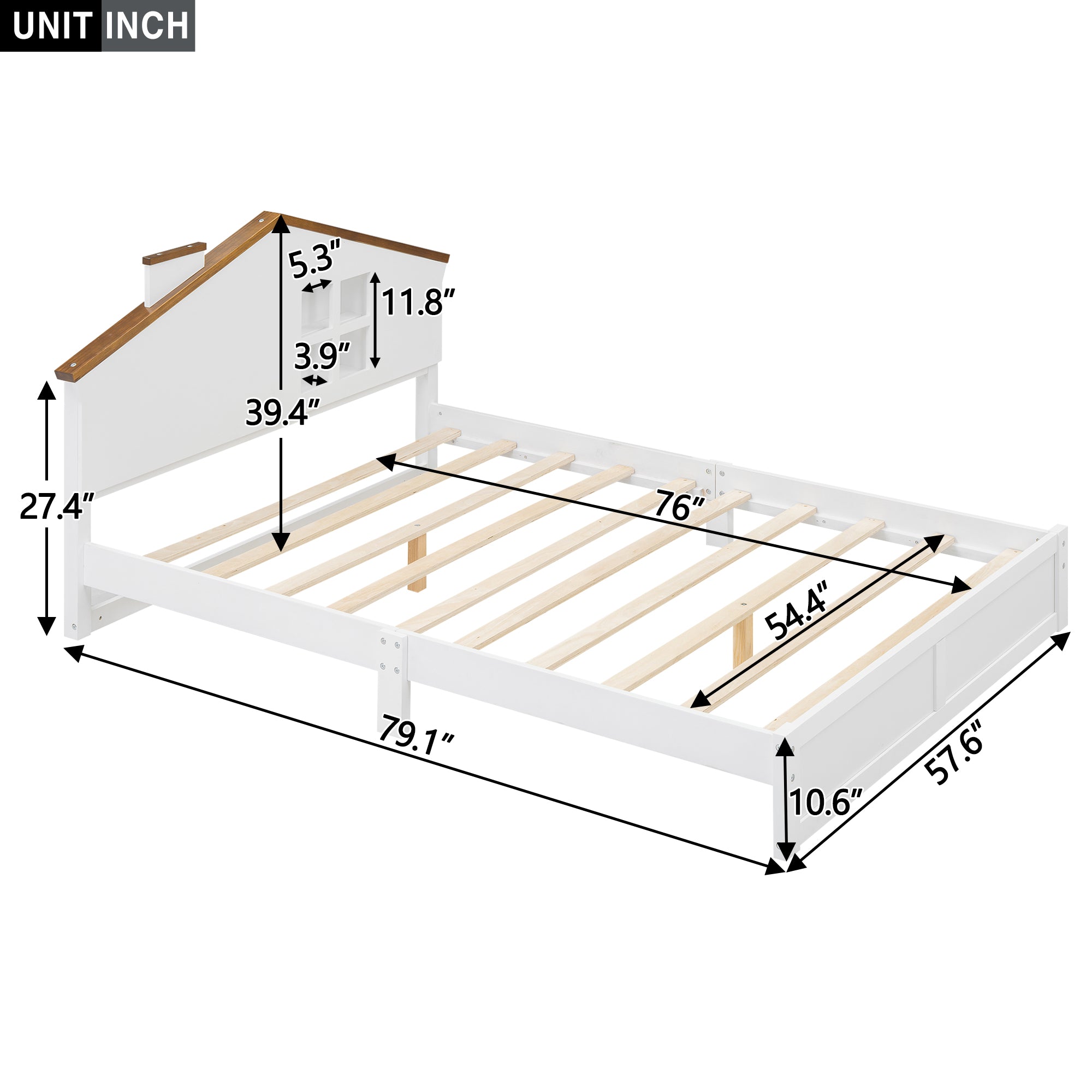 Royard Oaktree Platform Bed with LED Light, Wood Bed Frame with House-shaped Headboard and Window, Modern Platform Bed with Slats Support