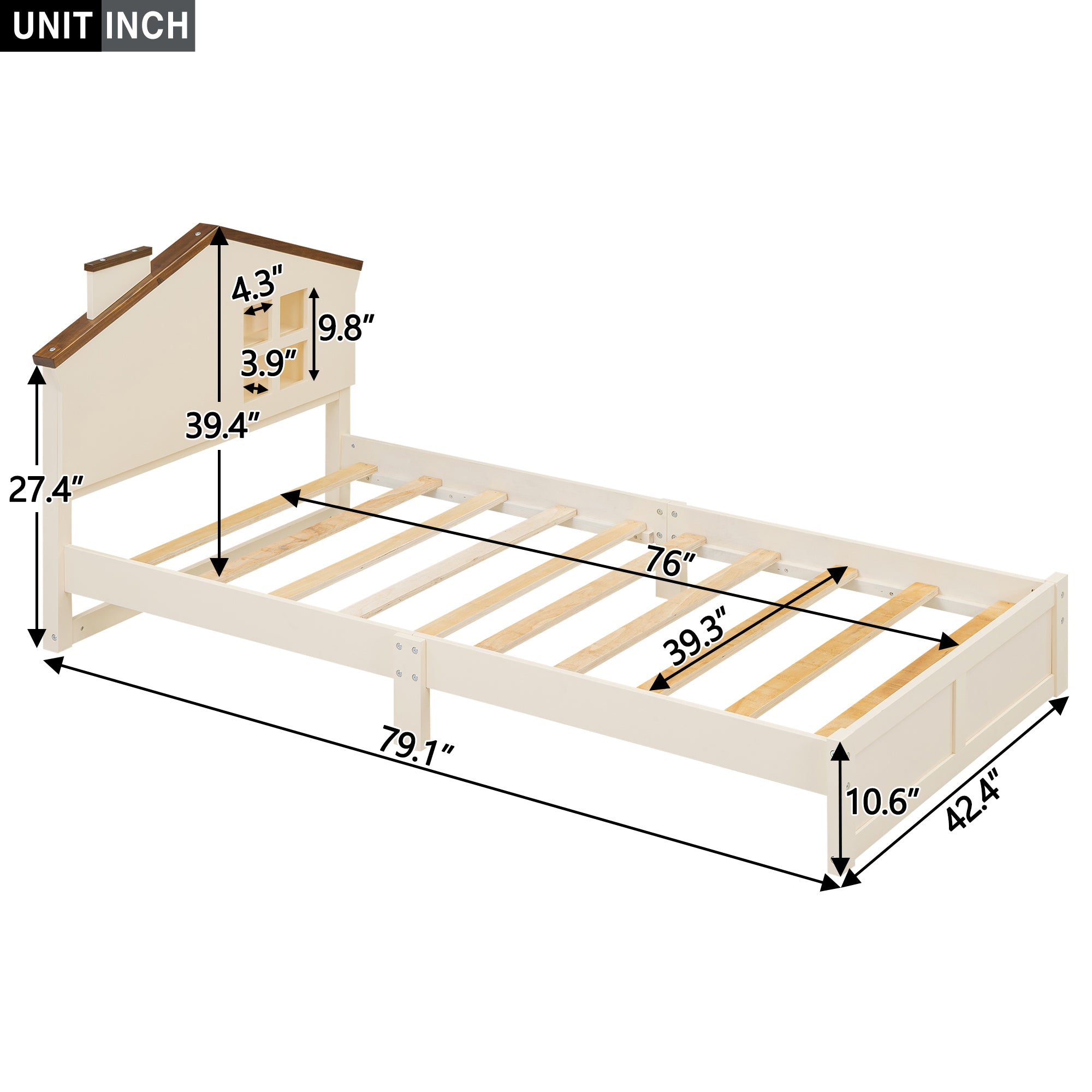 Royard Oaktree Platform Bed with LED Light, Wood Bed Frame with House-shaped Headboard and Window, Modern Platform Bed with Slats Support