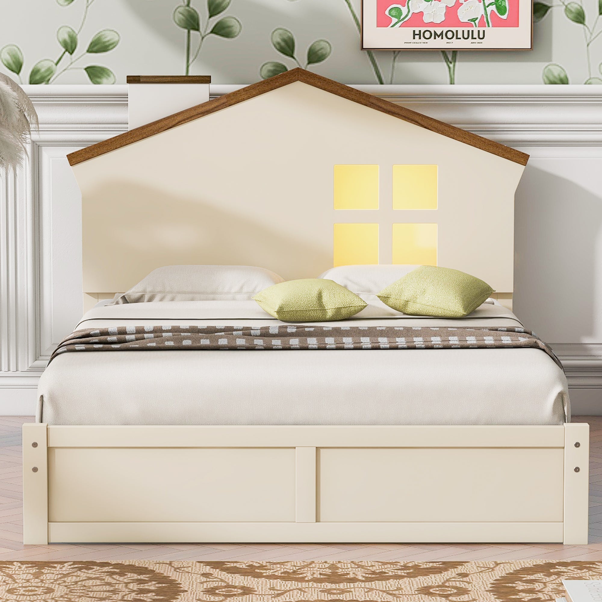 Royard Oaktree Platform Bed with LED Light, Wood Bed Frame with House-shaped Headboard and Window, Modern Platform Bed with Slats Support