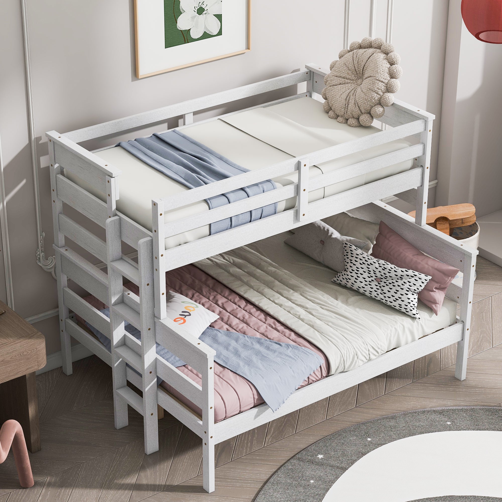 Royard Oaktree Bunk Bed with Guardrails and Ladder, Wood Bunk Bed Frame with Headboard and Footboard, Modern Bunk Bed for Teens Adult, Can Divided Into 2 Platform Beds