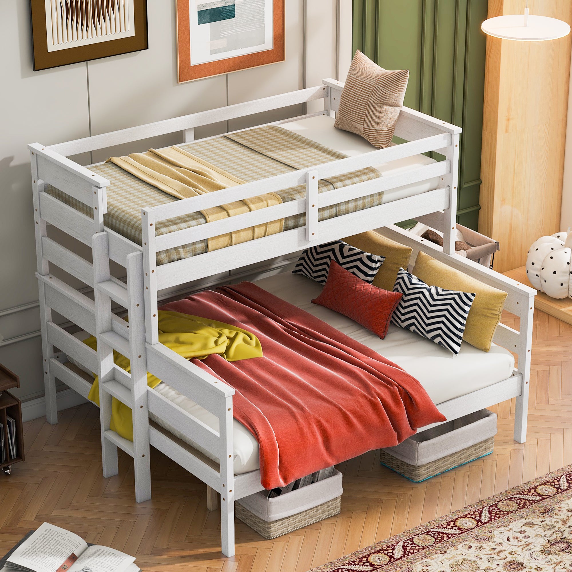 Royard Oaktree Bunk Bed with Guardrails and Ladder, Wood Bunk Bed Frame with Headboard and Footboard, Modern Bunk Bed for Teens Adult, Can Divided Into 2 Platform Beds