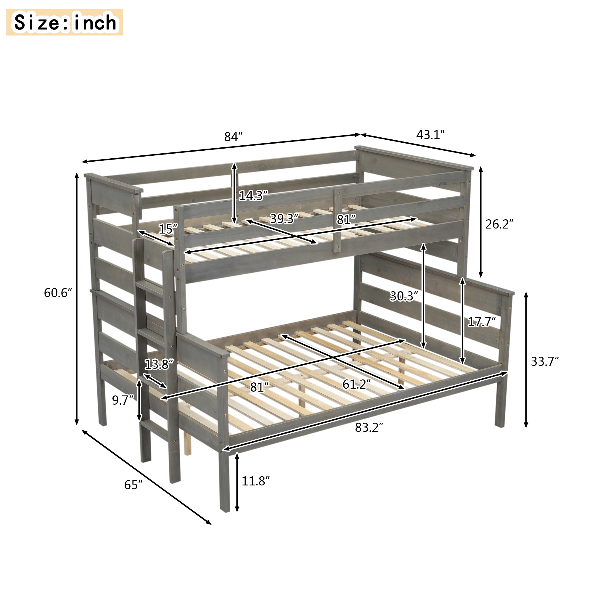 Royard Oaktree Bunk Bed with Guardrails and Ladder, Wood Bunk Bed Frame with Headboard and Footboard, Modern Bunk Bed for Teens Adult, Can Divided Into 2 Platform Beds