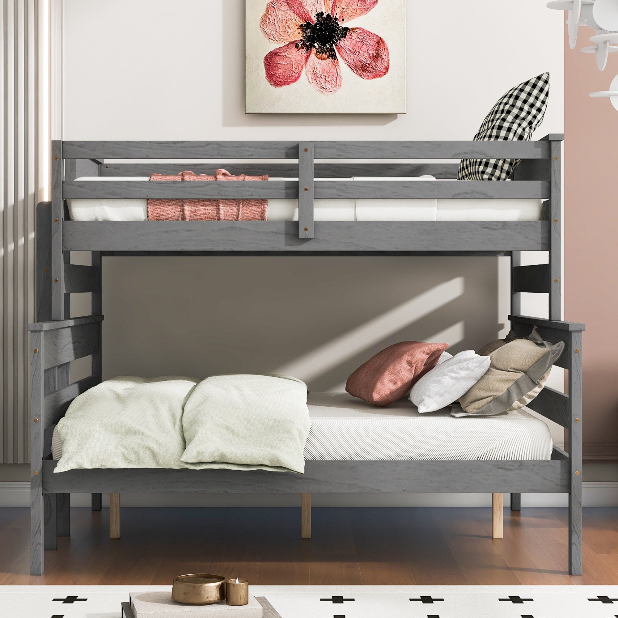 Royard Oaktree Bunk Bed with Guardrails and Ladder, Wood Bunk Bed Frame with Headboard and Footboard, Modern Bunk Bed for Teens Adult, Can Divided Into 2 Platform Beds