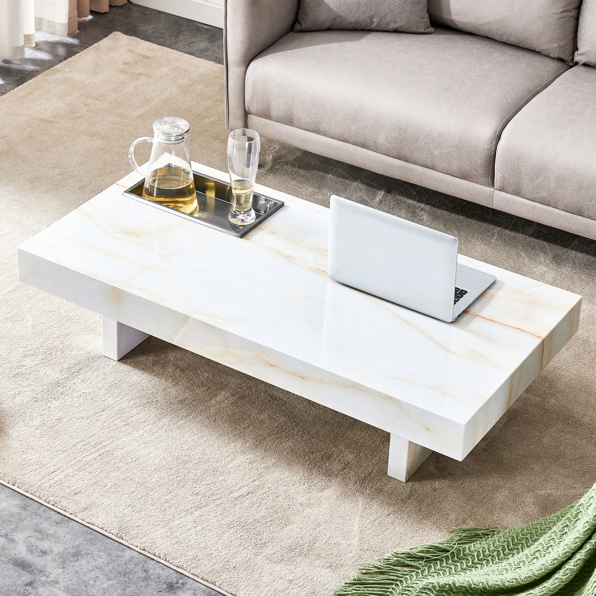 Royard Oaktree Faux Marble Coffee Table, Rectangle Center Table with Metal Storage Tray, Wood Accent Table with Marble Pattern Sticker, Modern Cocktail Table for Living Room Home Office