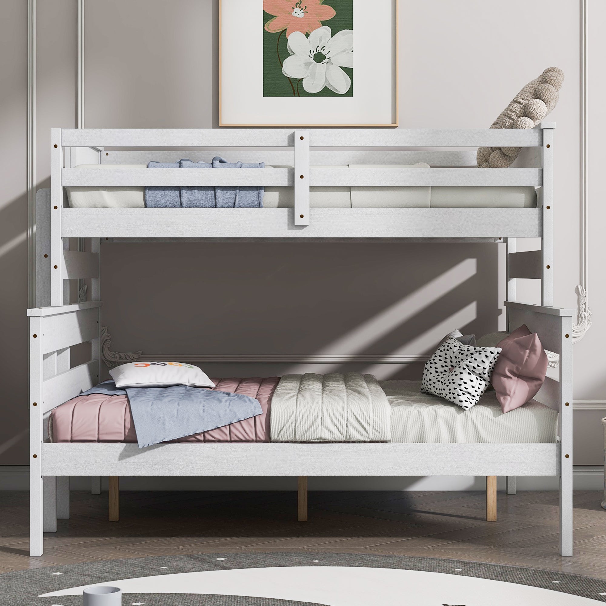 Royard Oaktree Bunk Bed with Guardrails and Ladder, Wood Bunk Bed Frame with Headboard and Footboard, Modern Bunk Bed for Teens Adult, Can Divided Into 2 Platform Beds