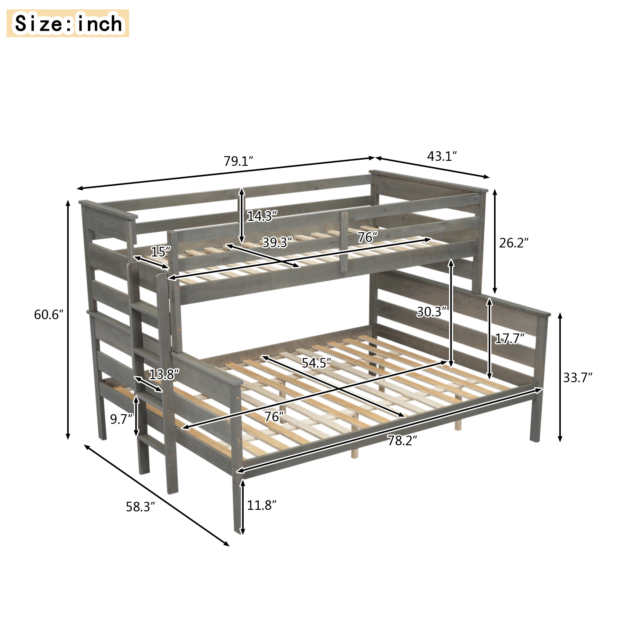 Royard Oaktree Bunk Bed with Guardrails and Ladder, Wood Bunk Bed Frame with Headboard and Footboard, Modern Bunk Bed for Teens Adult, Can Divided Into 2 Platform Beds