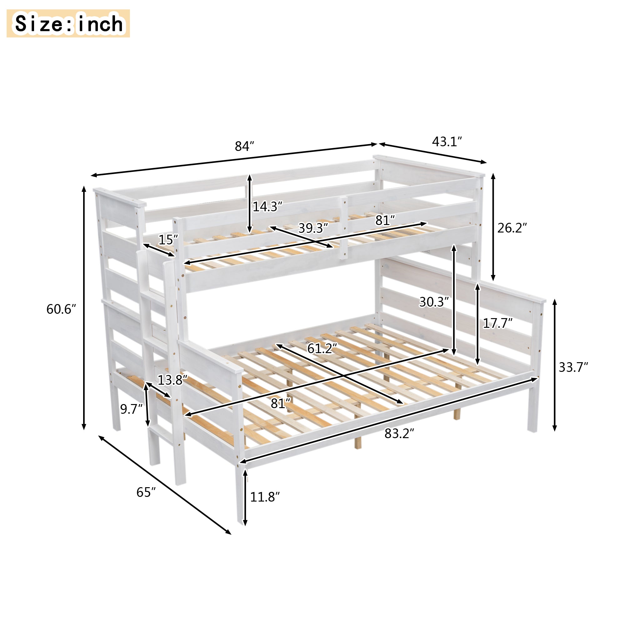 Royard Oaktree Bunk Bed with Guardrails and Ladder, Wood Bunk Bed Frame with Headboard and Footboard, Modern Bunk Bed for Teens Adult, Can Divided Into 2 Platform Beds