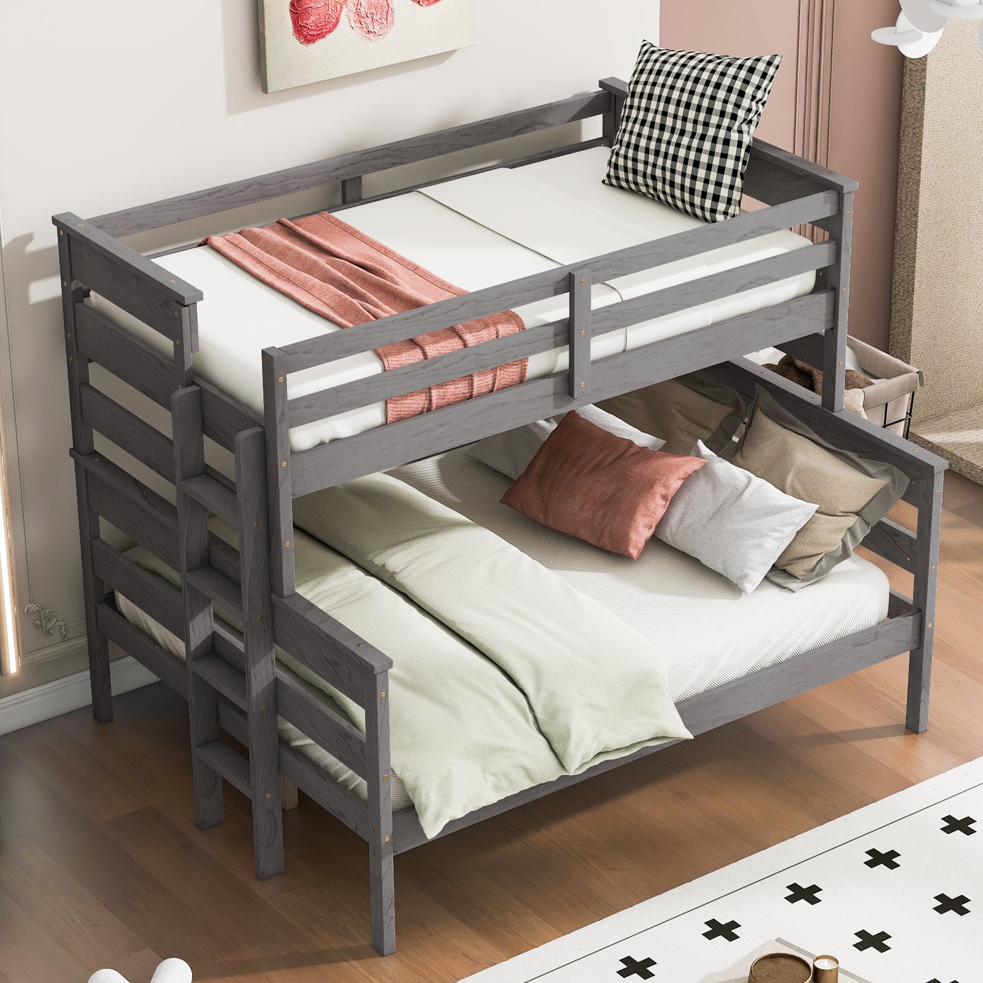 Royard Oaktree Bunk Bed with Guardrails and Ladder, Wood Bunk Bed Frame with Headboard and Footboard, Modern Bunk Bed for Teens Adult, Can Divided Into 2 Platform Beds