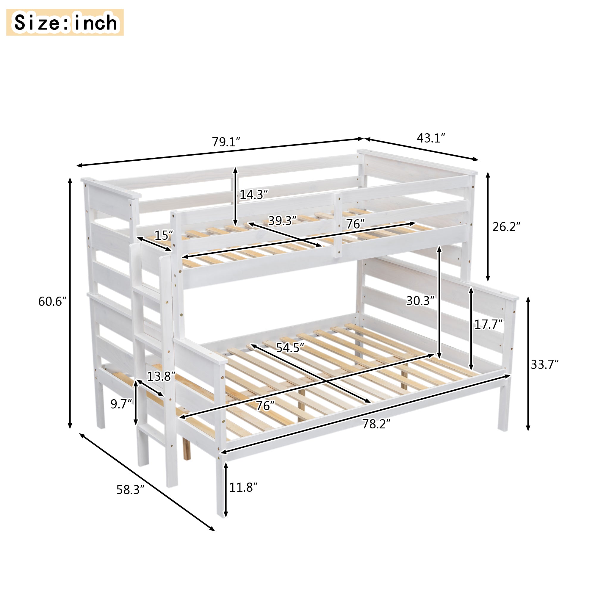 Royard Oaktree Bunk Bed with Guardrails and Ladder, Wood Bunk Bed Frame with Headboard and Footboard, Modern Bunk Bed for Teens Adult, Can Divided Into 2 Platform Beds