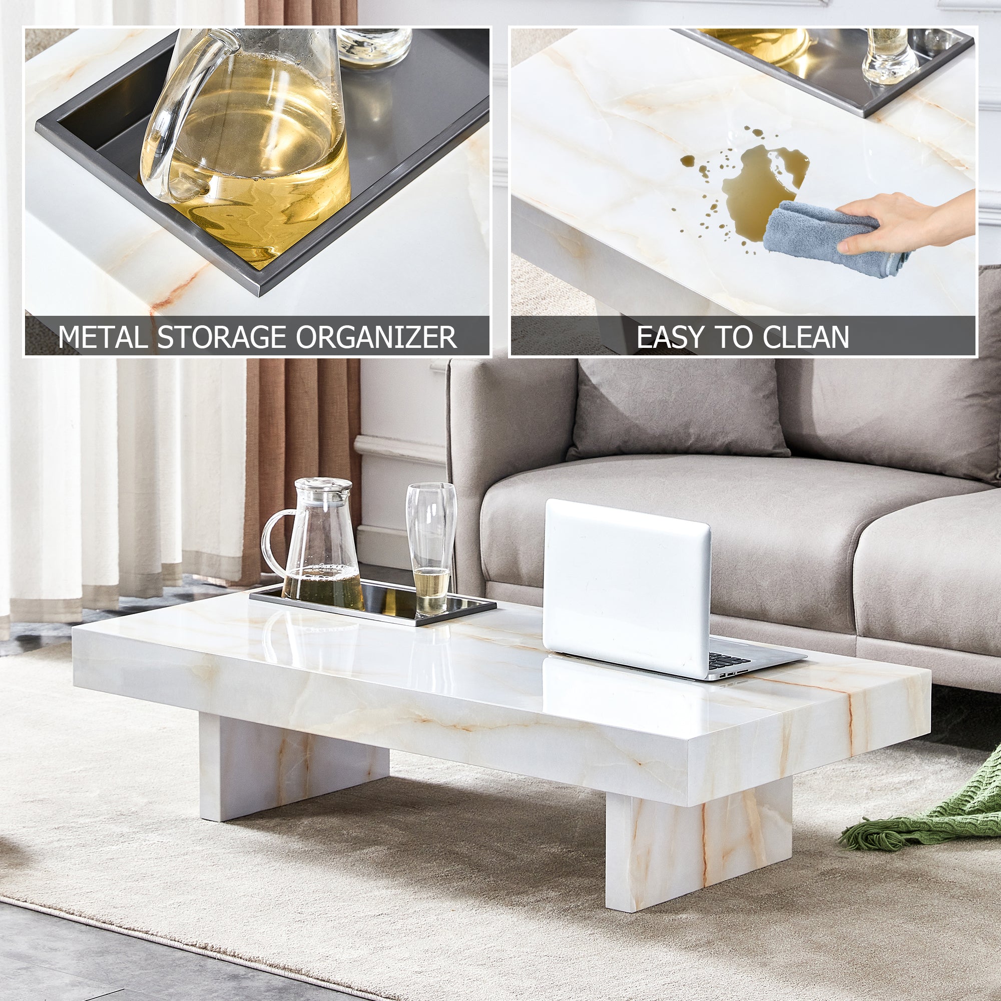 Royard Oaktree Faux Marble Coffee Table, Rectangle Center Table with Metal Storage Tray, Wood Accent Table with Marble Pattern Sticker, Modern Cocktail Table for Living Room Home Office