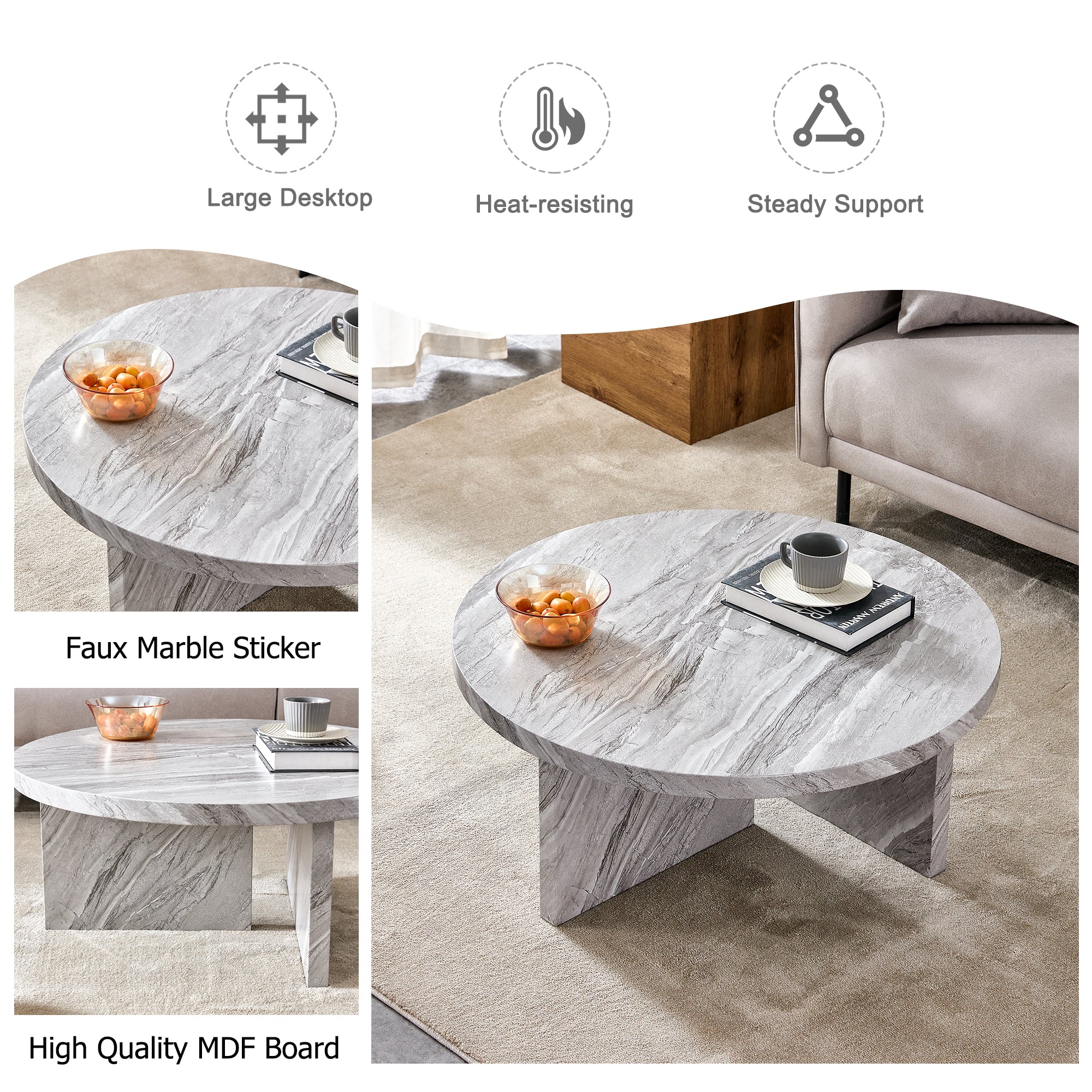 Royard Oaktree Faux Marble Round Coffee Table, Wood Circular Center Table with Marble Pattern Sticker, Modern Cocktail Accent Tea Table for Living Room Office Reception Room