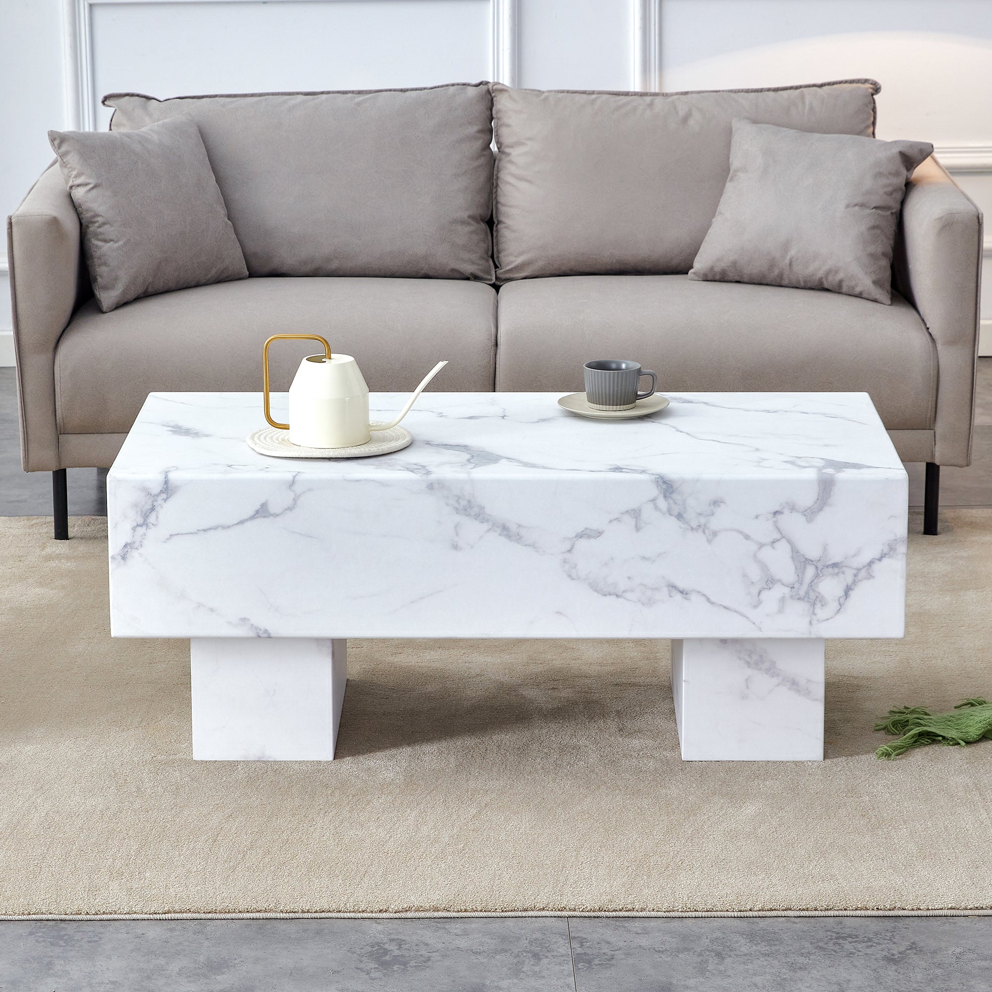 Royard Oaktree Faux Marble Coffee Table, Wood Solid Thick Center Table with Marble Pattern Sticker, Minimalist Rectangle Accent Table Cocktail Table for Living Room Reception Room