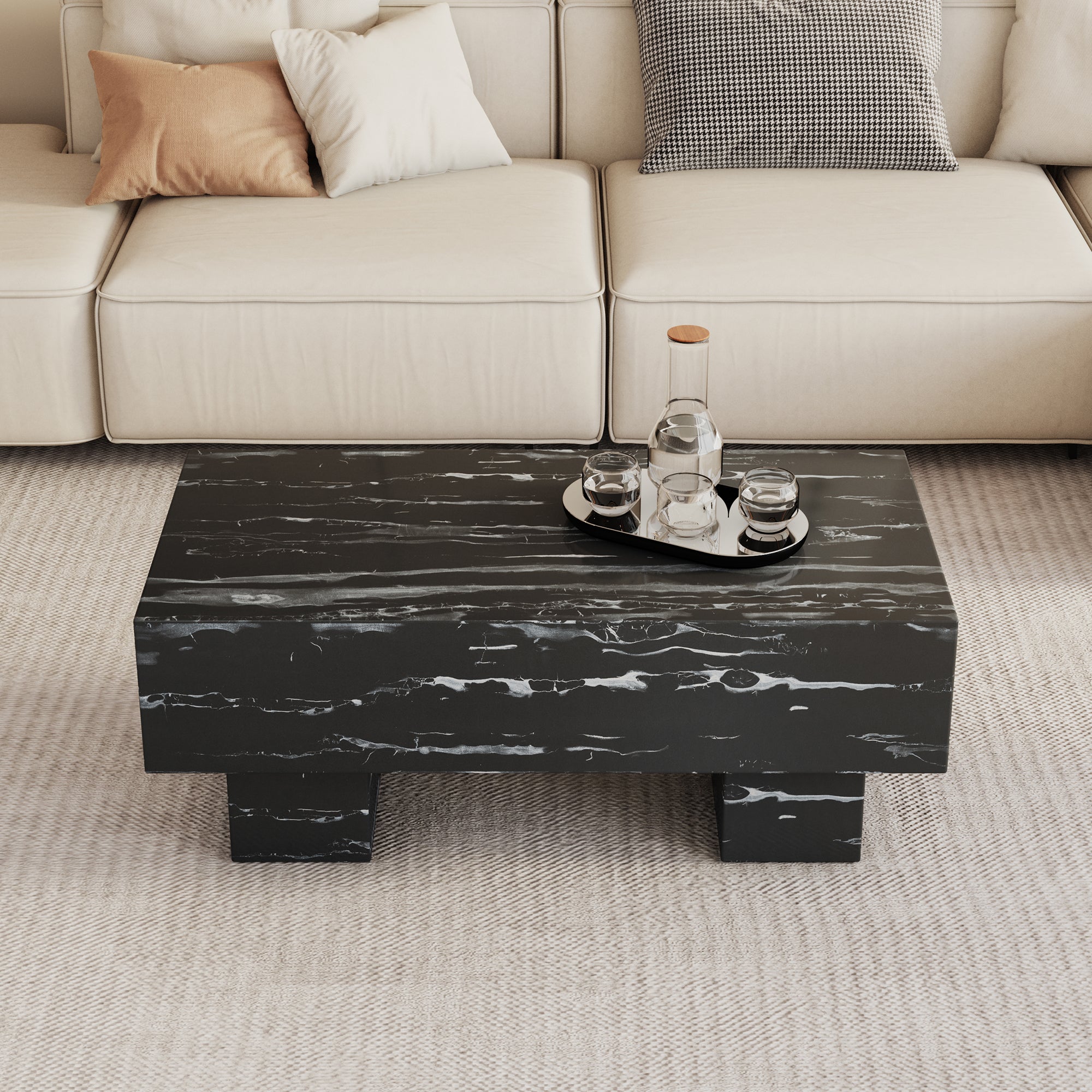 Royard Oaktree Faux Marble Coffee Table, Wood Solid Thick Center Table with Marble Pattern Sticker, Minimalist Rectangle Accent Table Cocktail Table for Living Room Reception Room