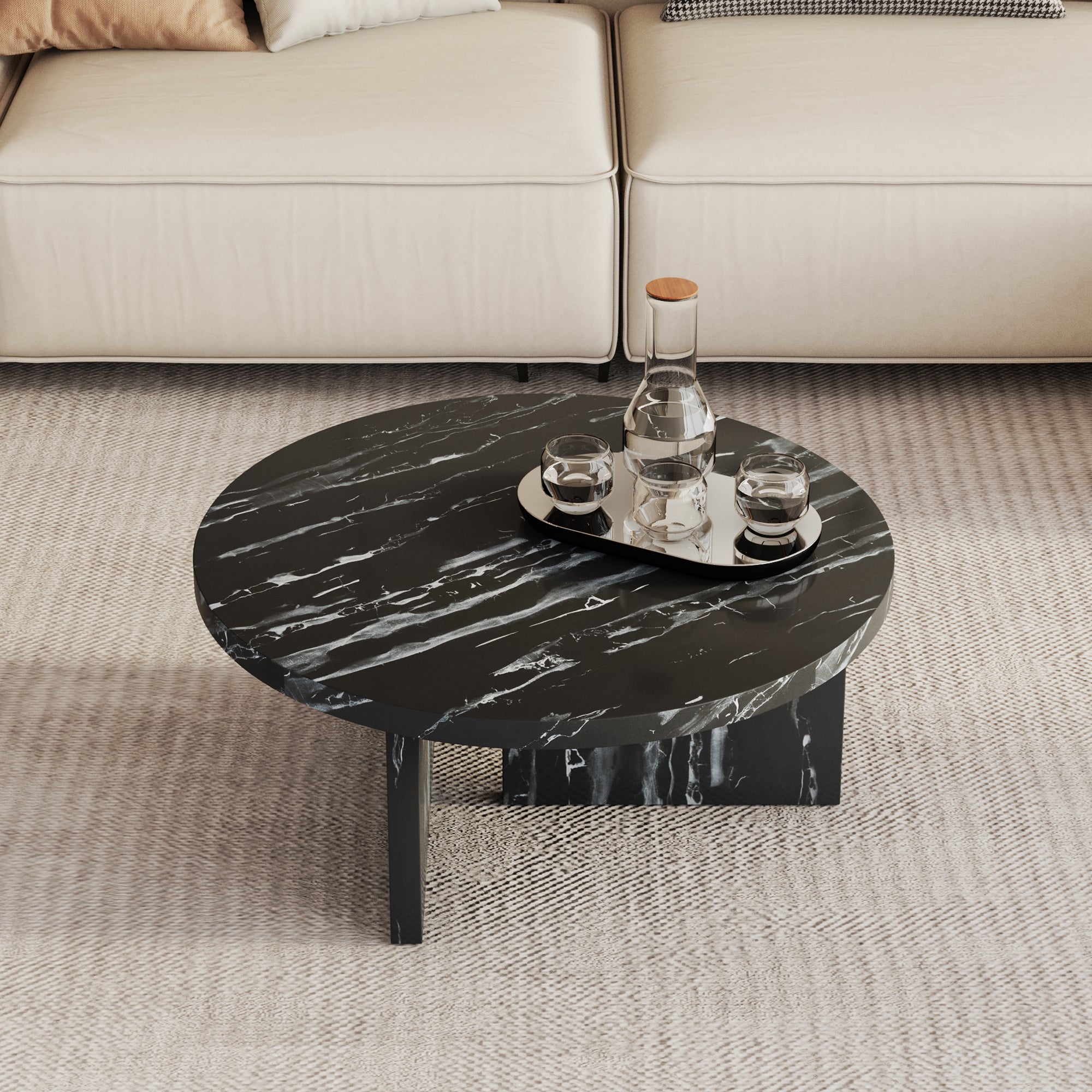 Royard Oaktree Faux Marble Round Coffee Table, Wood Circular Center Table with Marble Pattern Sticker, Modern Cocktail Accent Tea Table for Living Room Office Reception Room