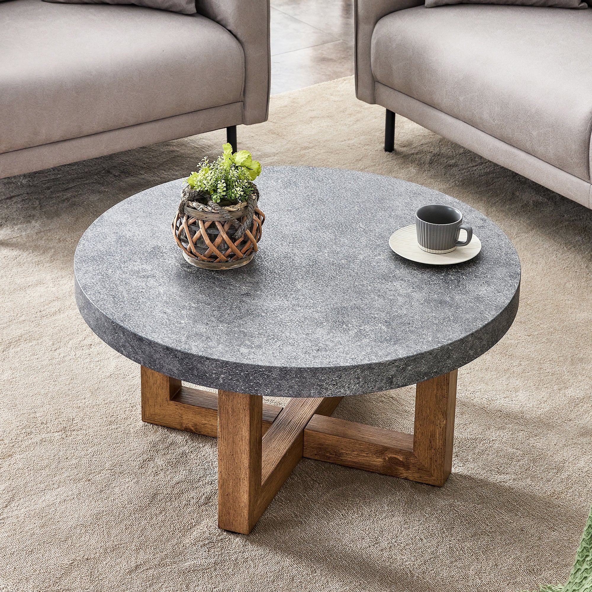 Royard Oaktree Round Coffee Table with Faux Marble Top, Grey Stone Grain Center Table with Wood Cross Legs, Industrial Style Circular Accent Table Cocktail Table for Living Room Home Office