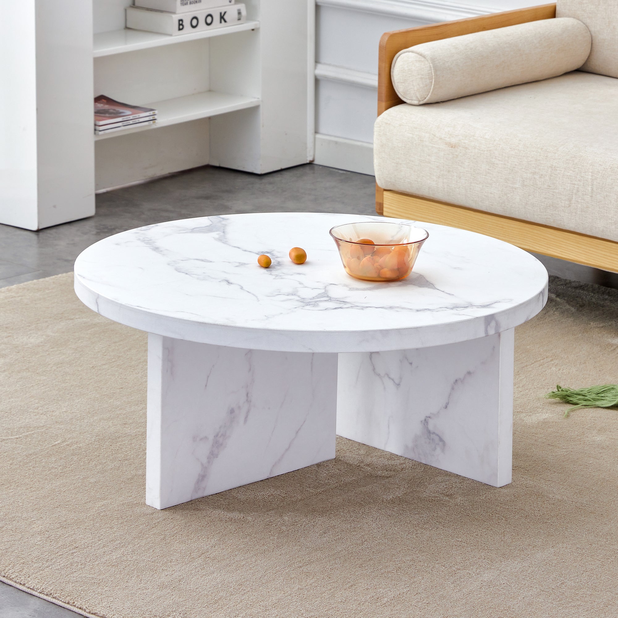 Royard Oaktree Faux Marble Round Coffee Table, Wood Circular Center Table with Marble Pattern Sticker, Modern Cocktail Accent Tea Table for Living Room Office Reception Room