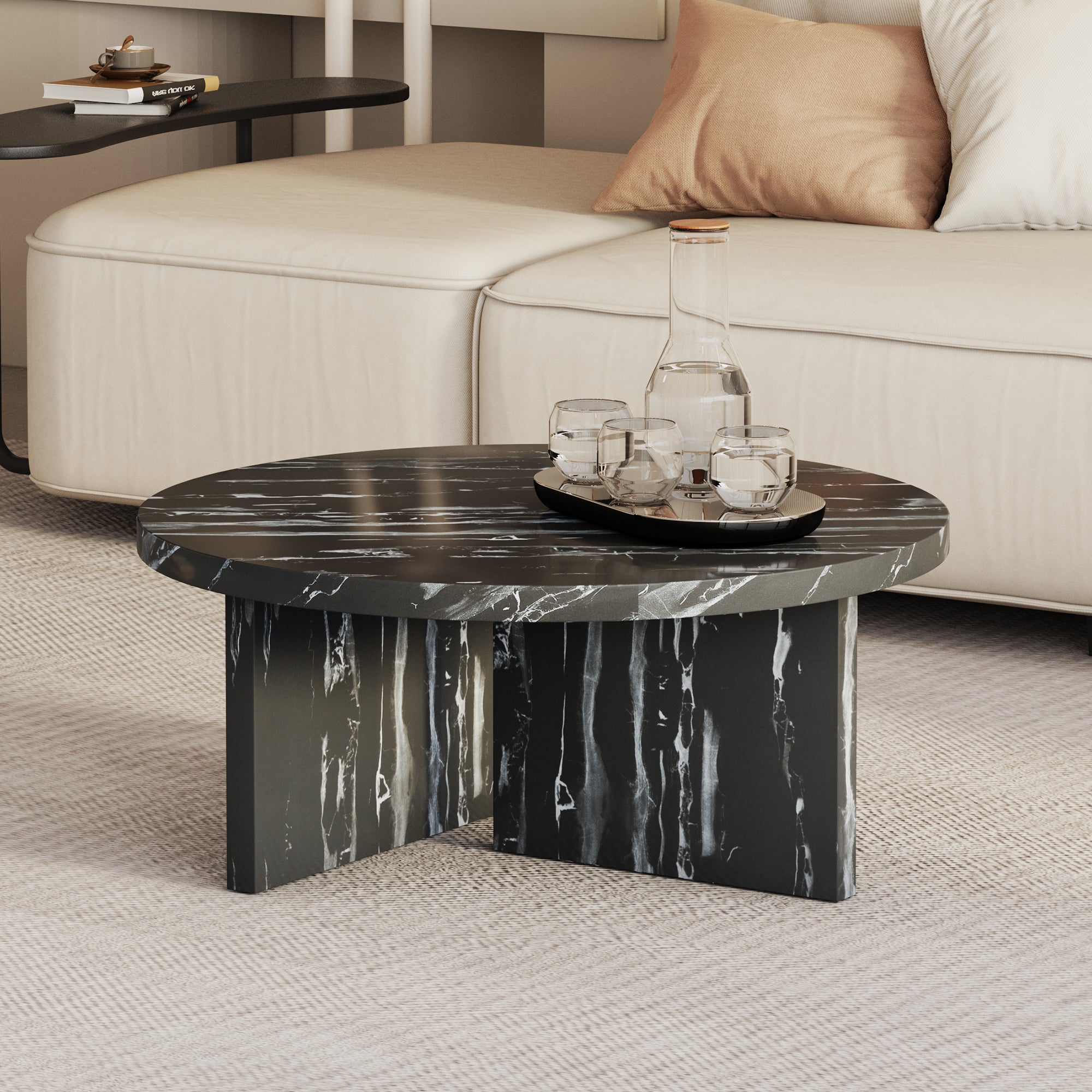 Royard Oaktree Faux Marble Round Coffee Table, Wood Circular Center Table with Marble Pattern Sticker, Modern Cocktail Accent Tea Table for Living Room Office Reception Room