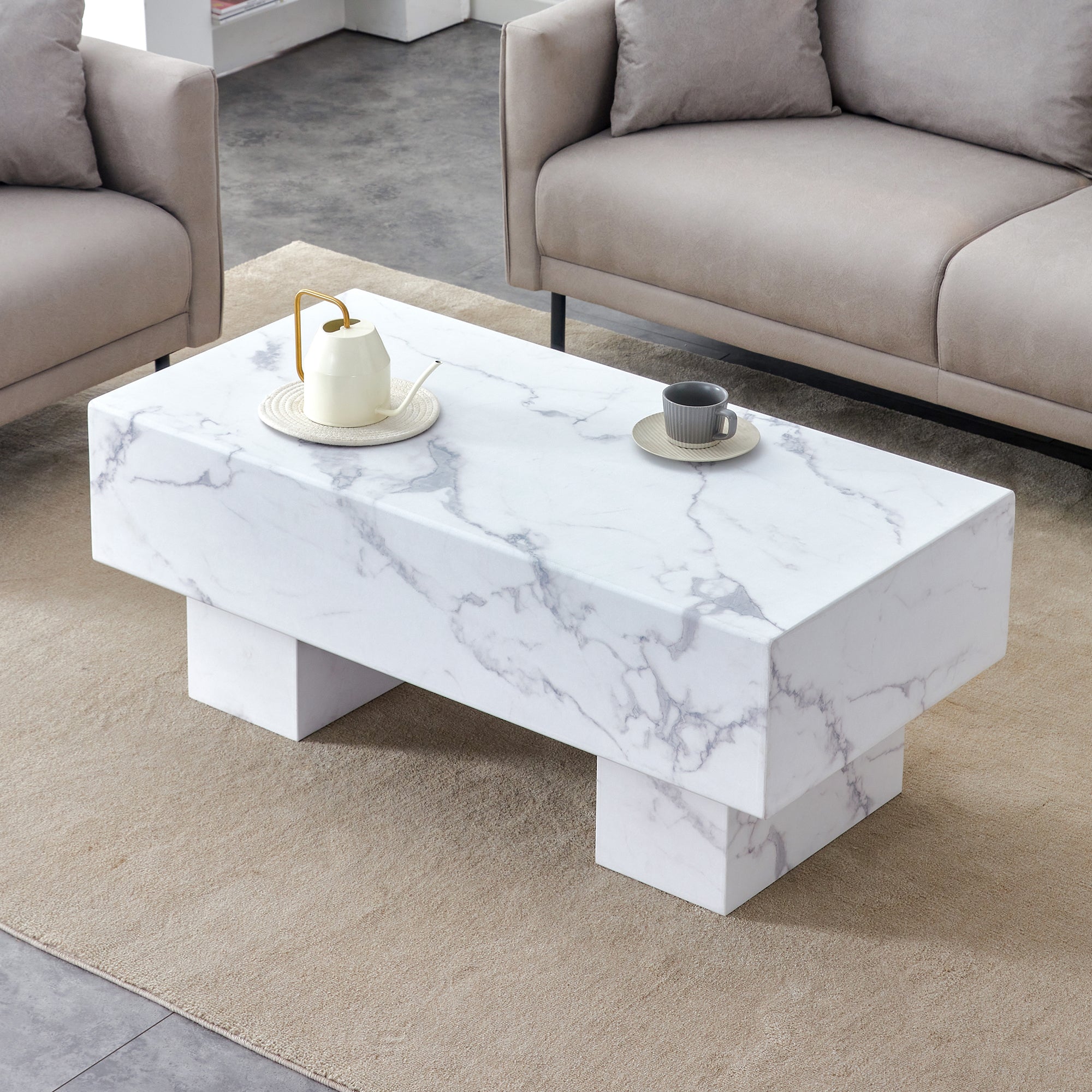 Royard Oaktree Faux Marble Coffee Table, Wood Solid Thick Center Table with Marble Pattern Sticker, Minimalist Rectangle Accent Table Cocktail Table for Living Room Reception Room