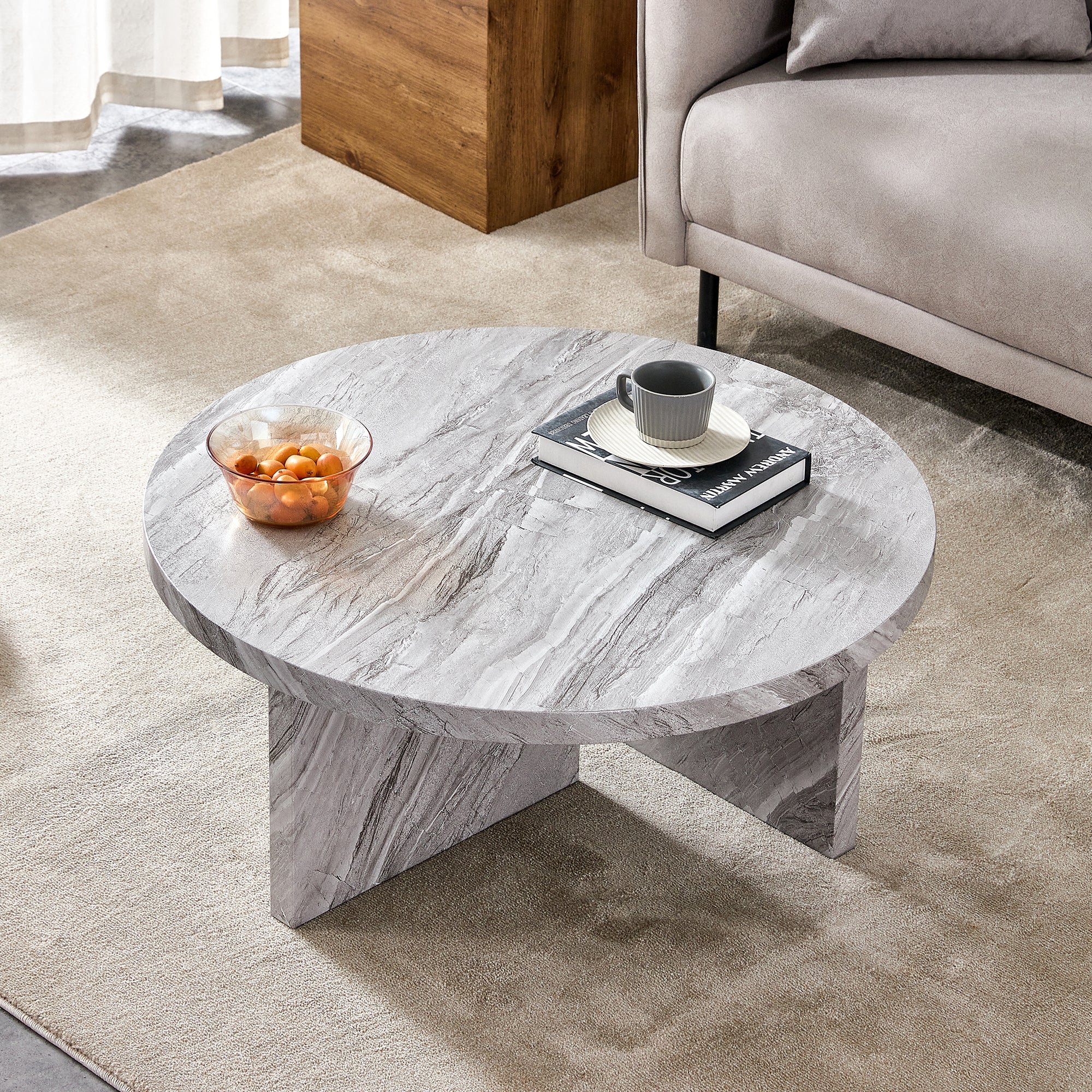 Royard Oaktree Faux Marble Round Coffee Table, Wood Circular Center Table with Marble Pattern Sticker, Modern Cocktail Accent Tea Table for Living Room Office Reception Room