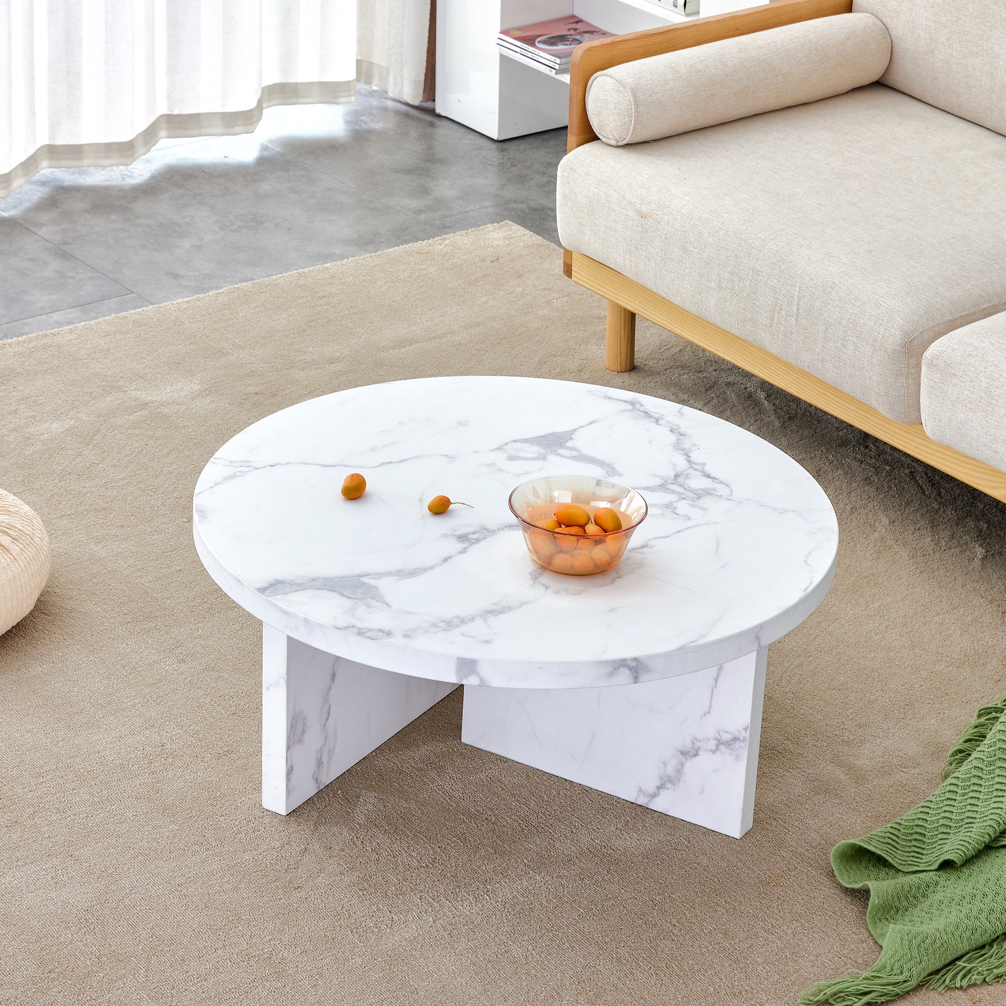 Royard Oaktree Faux Marble Round Coffee Table, Wood Circular Center Table with Marble Pattern Sticker, Modern Cocktail Accent Tea Table for Living Room Office Reception Room