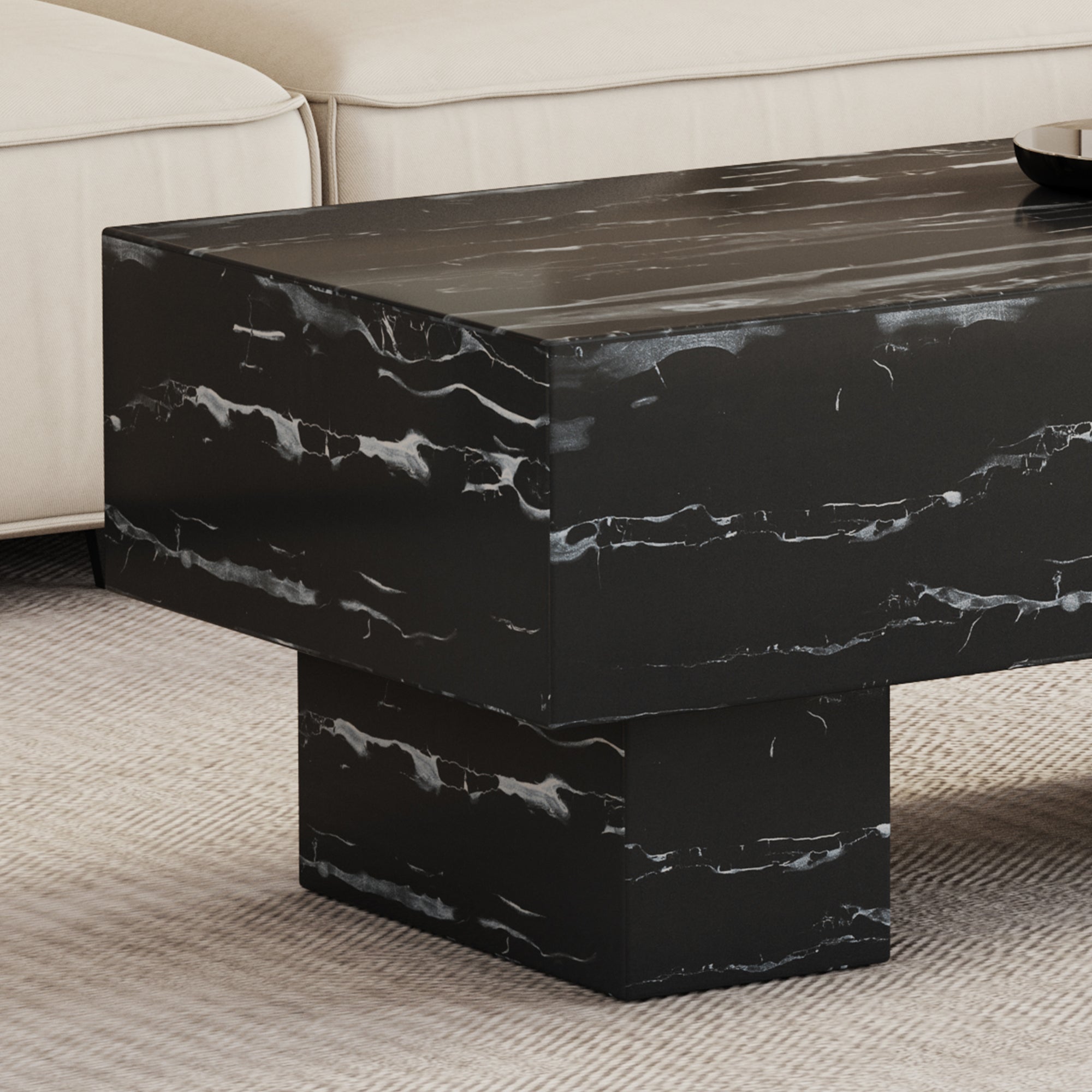 Royard Oaktree Faux Marble Coffee Table, Wood Solid Thick Center Table with Marble Pattern Sticker, Minimalist Rectangle Accent Table Cocktail Table for Living Room Reception Room