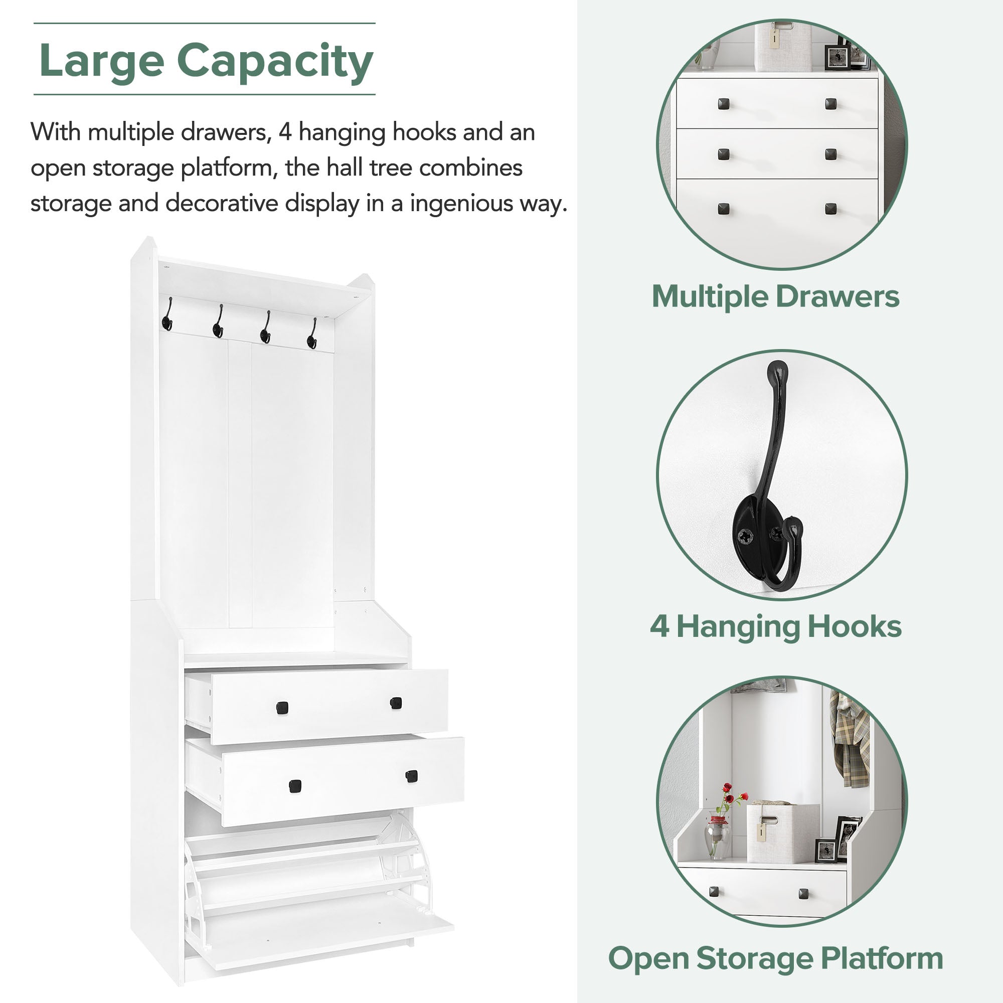 Royard Oaktree Narrow Hall Tree with Shoe Storage Cabinet, Multi-functional Hallway Coat Rack with 4 Hanging Hooks & 2 Drawers, Adjustable Shoe Cabinet with Flip Drawer for Entrance Mudroom