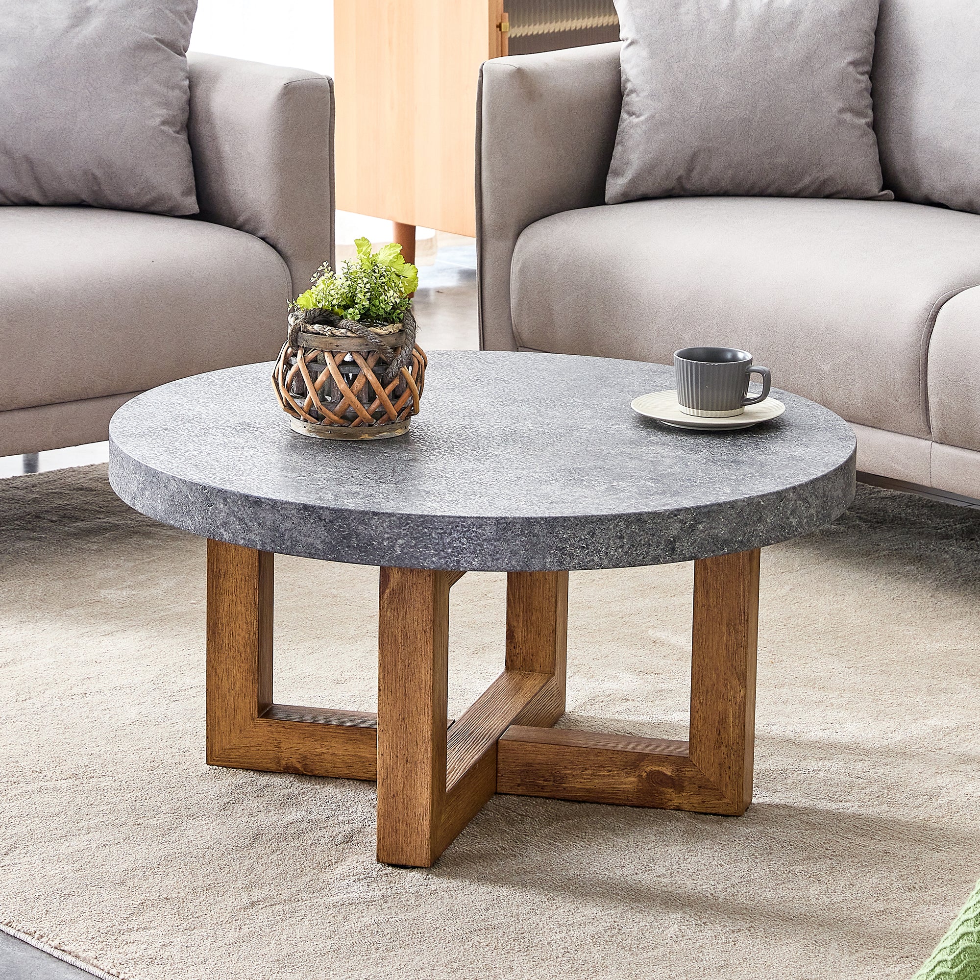 Royard Oaktree Round Coffee Table with Faux Marble Top, Grey Stone Grain Center Table with Wood Cross Legs, Industrial Style Circular Accent Table Cocktail Table for Living Room Home Office