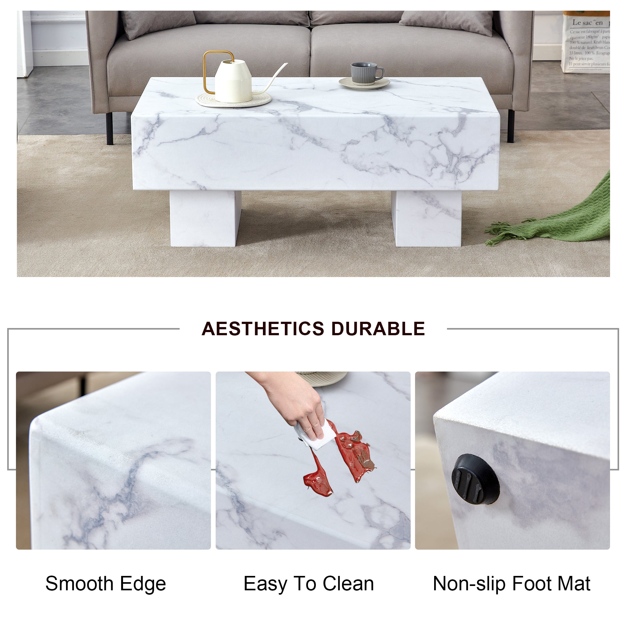 Royard Oaktree Faux Marble Coffee Table, Wood Solid Thick Center Table with Marble Pattern Sticker, Minimalist Rectangle Accent Table Cocktail Table for Living Room Reception Room