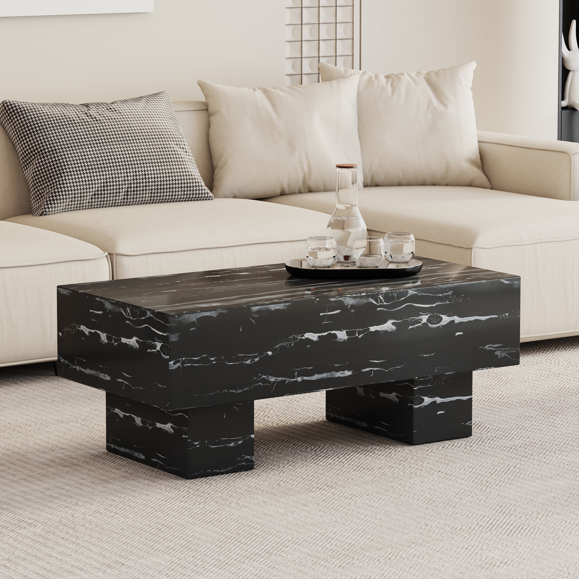 Royard Oaktree Faux Marble Coffee Table, Wood Solid Thick Center Table with Marble Pattern Sticker, Minimalist Rectangle Accent Table Cocktail Table for Living Room Reception Room