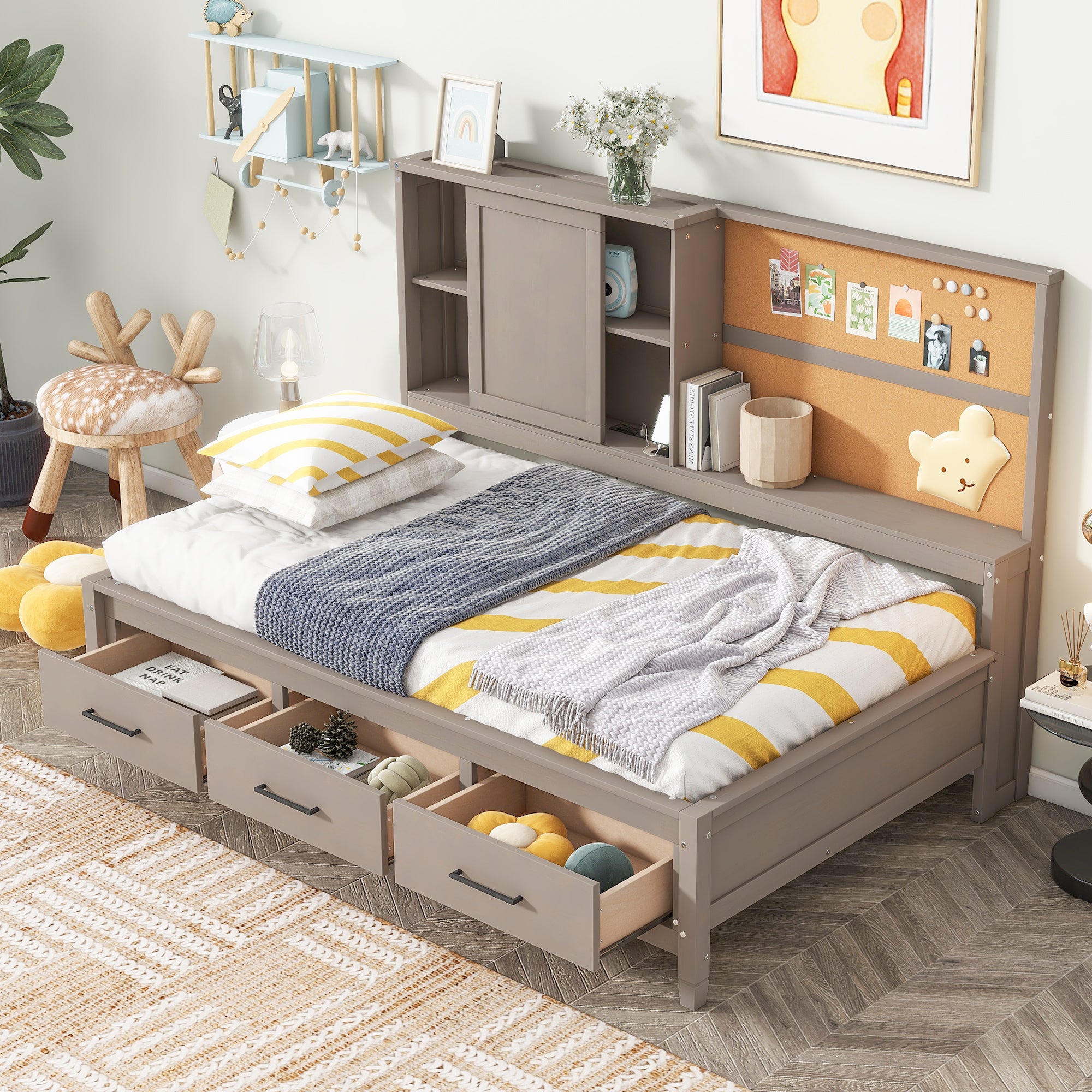 Royard Oaktree Daybed with Storage Shelves and 3 Drawers, Multi-functional Daybed Frame with Charging Station and Cork Board, Wood Storage Daybed with Slats Support