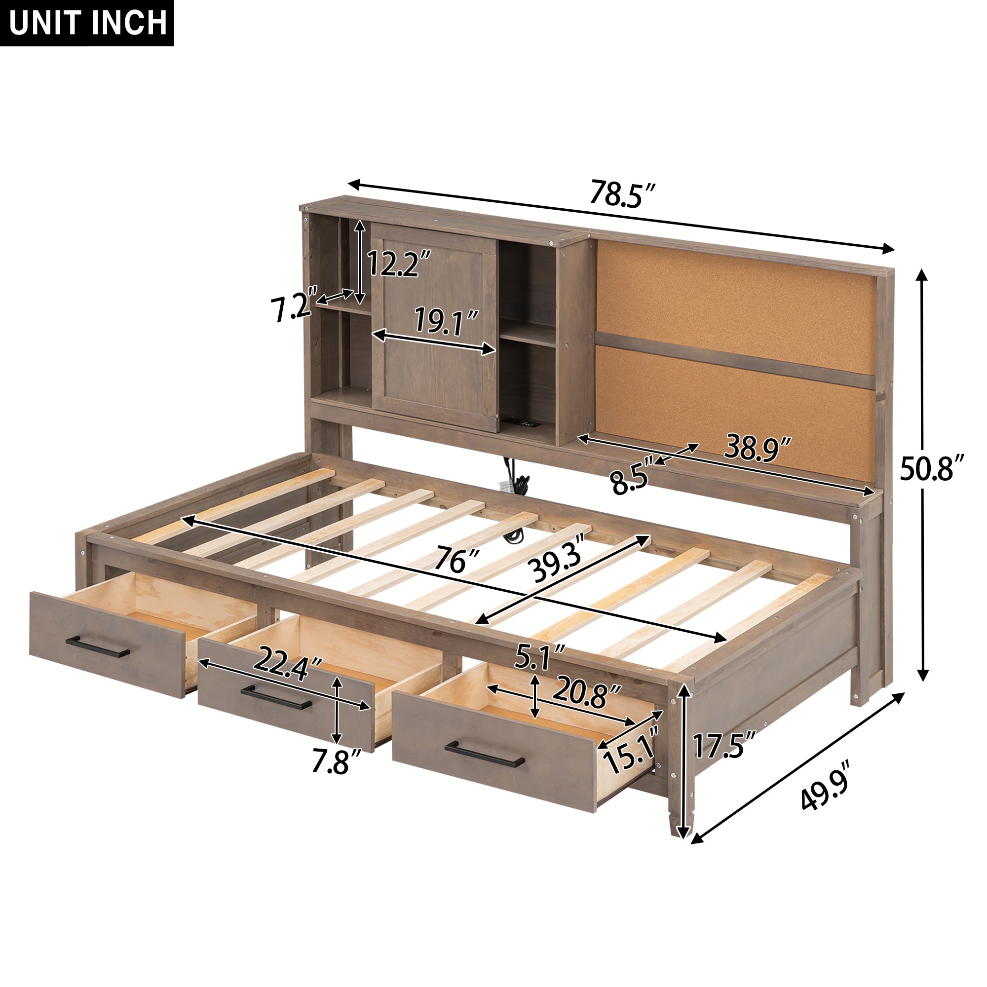 Royard Oaktree Daybed with Storage Shelves and 3 Drawers, Multi-functional Daybed Frame with Charging Station and Cork Board, Wood Storage Daybed with Slats Support