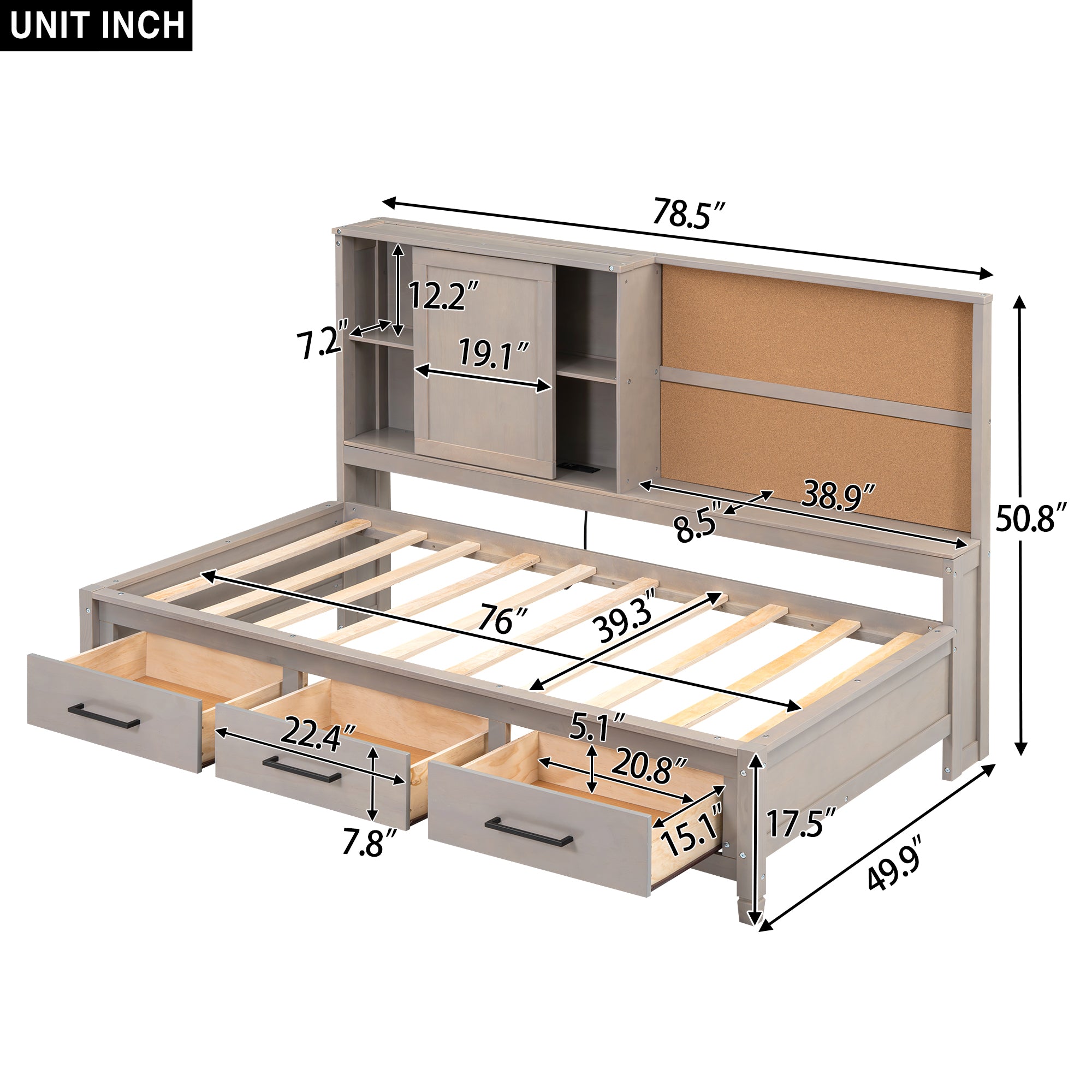 Royard Oaktree Daybed with Storage Shelves and 3 Drawers, Multi-functional Daybed Frame with Charging Station and Cork Board, Wood Storage Daybed with Slats Support