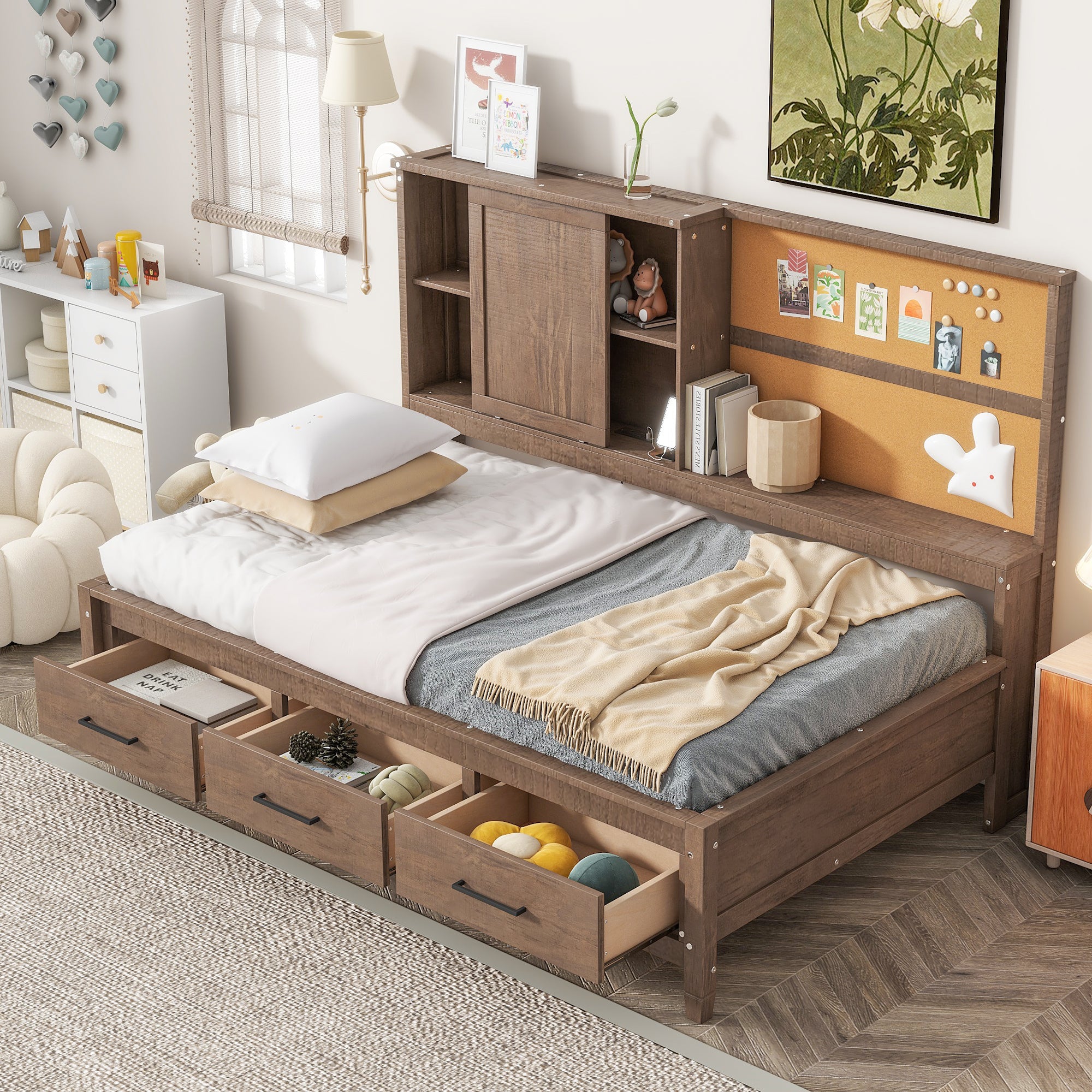 Royard Oaktree Daybed with Storage Shelves and 3 Drawers, Multi-functional Daybed Frame with Charging Station and Cork Board, Wood Storage Daybed with Slats Support